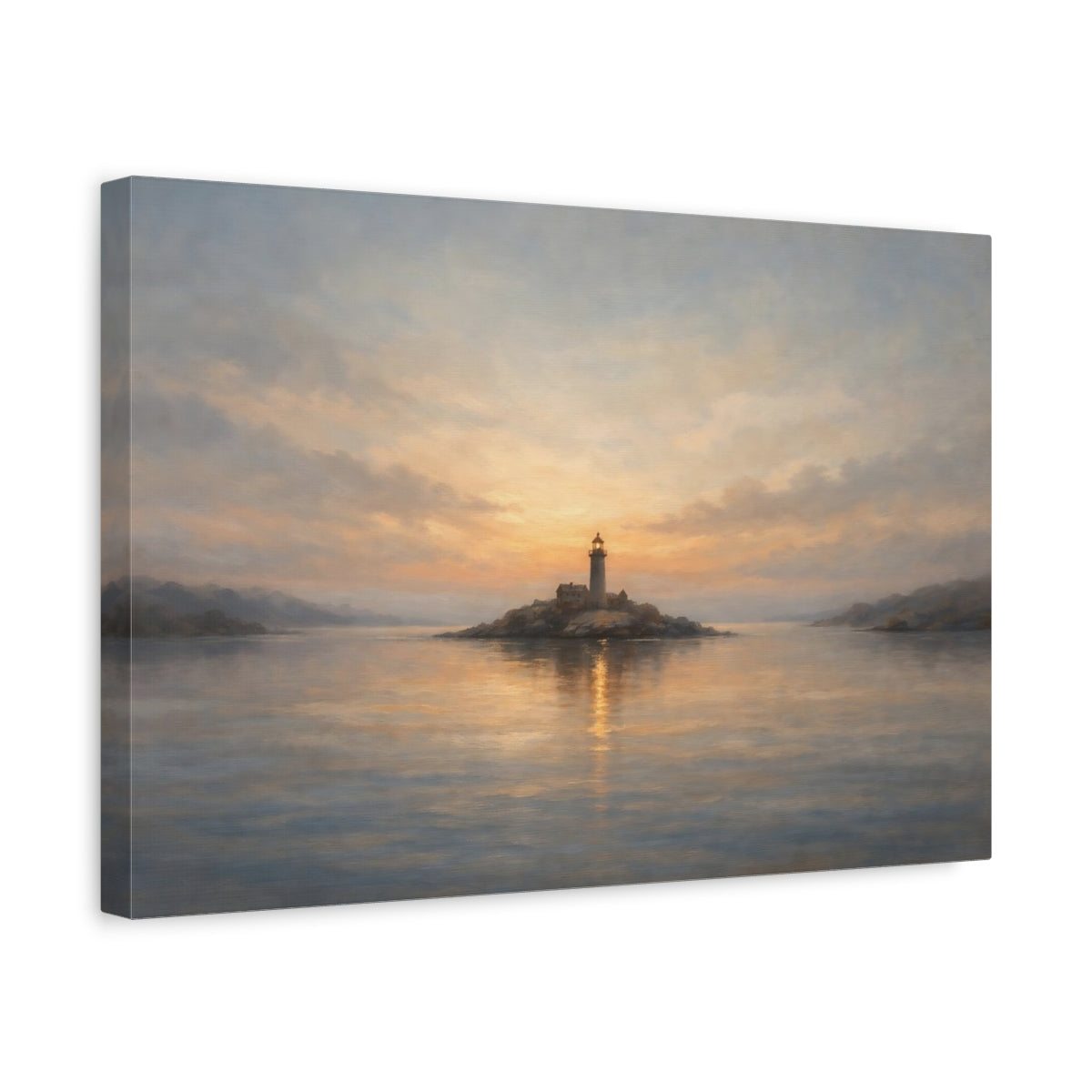 Side Mockup 4. Nature Lighthouse Coastal Sunset Lighthouse shown as stretched canvas wall art