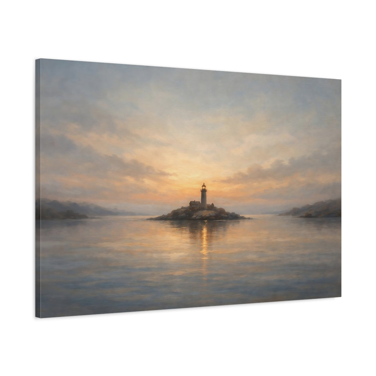 Side Mockup 1. Nature Lighthouse Coastal Sunset Lighthouse shown as stretched canvas wall art