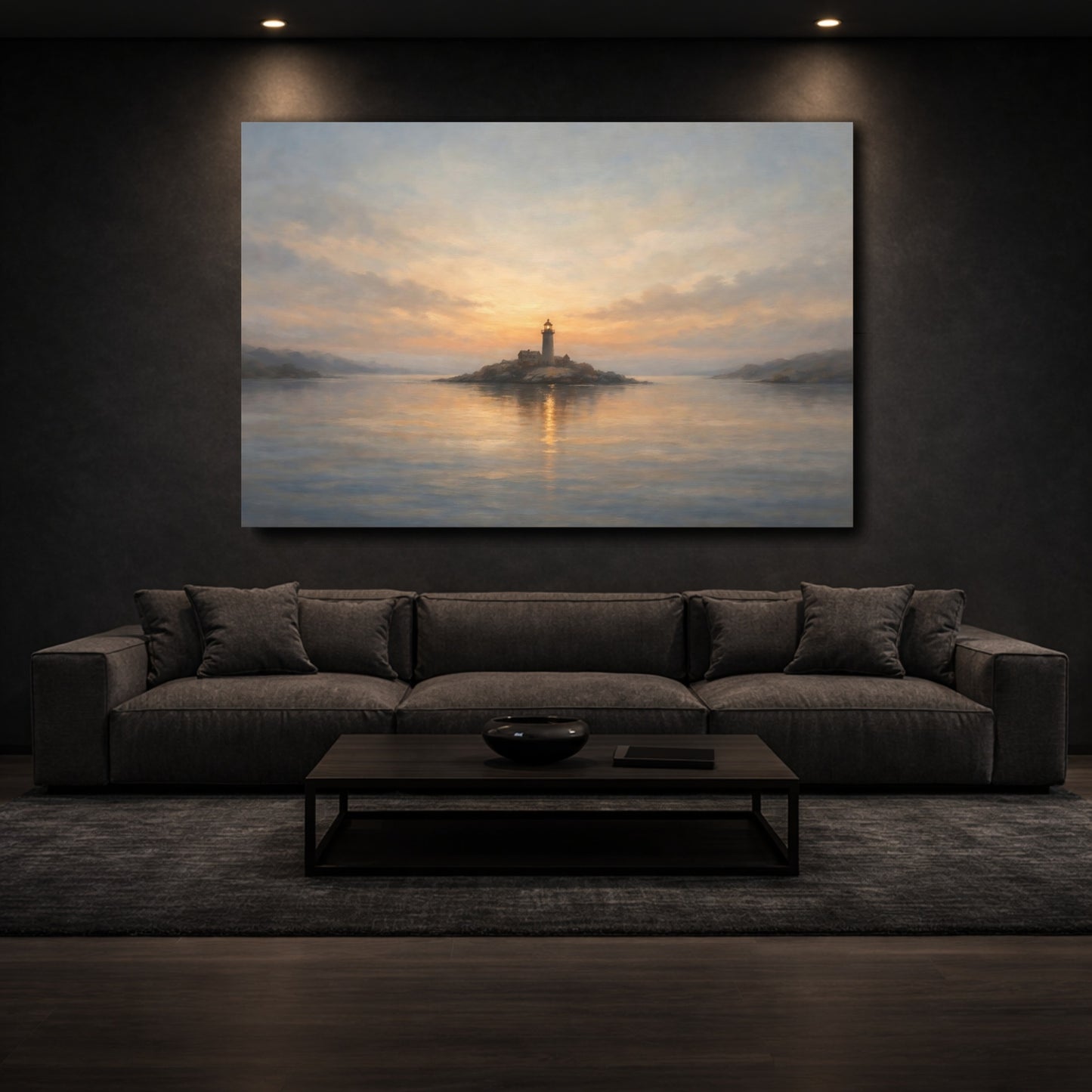 Mockup 2. Nature Lighthouse Coastal Sunset Lighthouse shown as stretched canvas wall art
