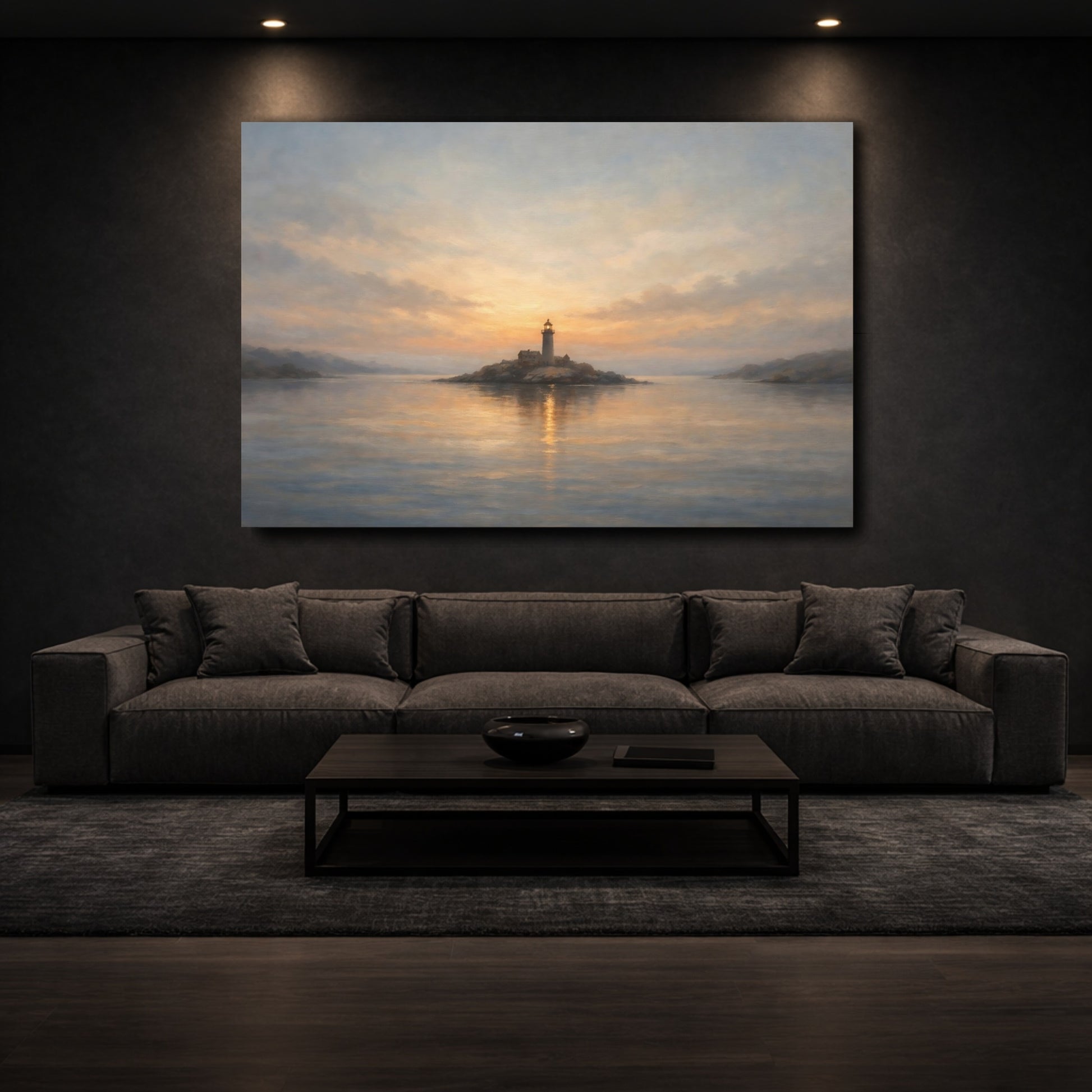 Mockup 2. Nature Lighthouse Coastal Sunset Lighthouse shown as stretched canvas wall art