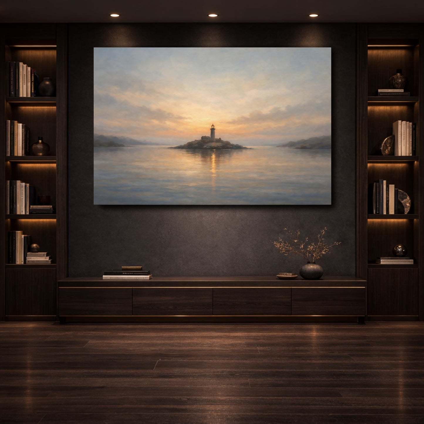 Mockup 3. Nature Lighthouse Coastal Sunset Lighthouse shown as stretched canvas wall art
