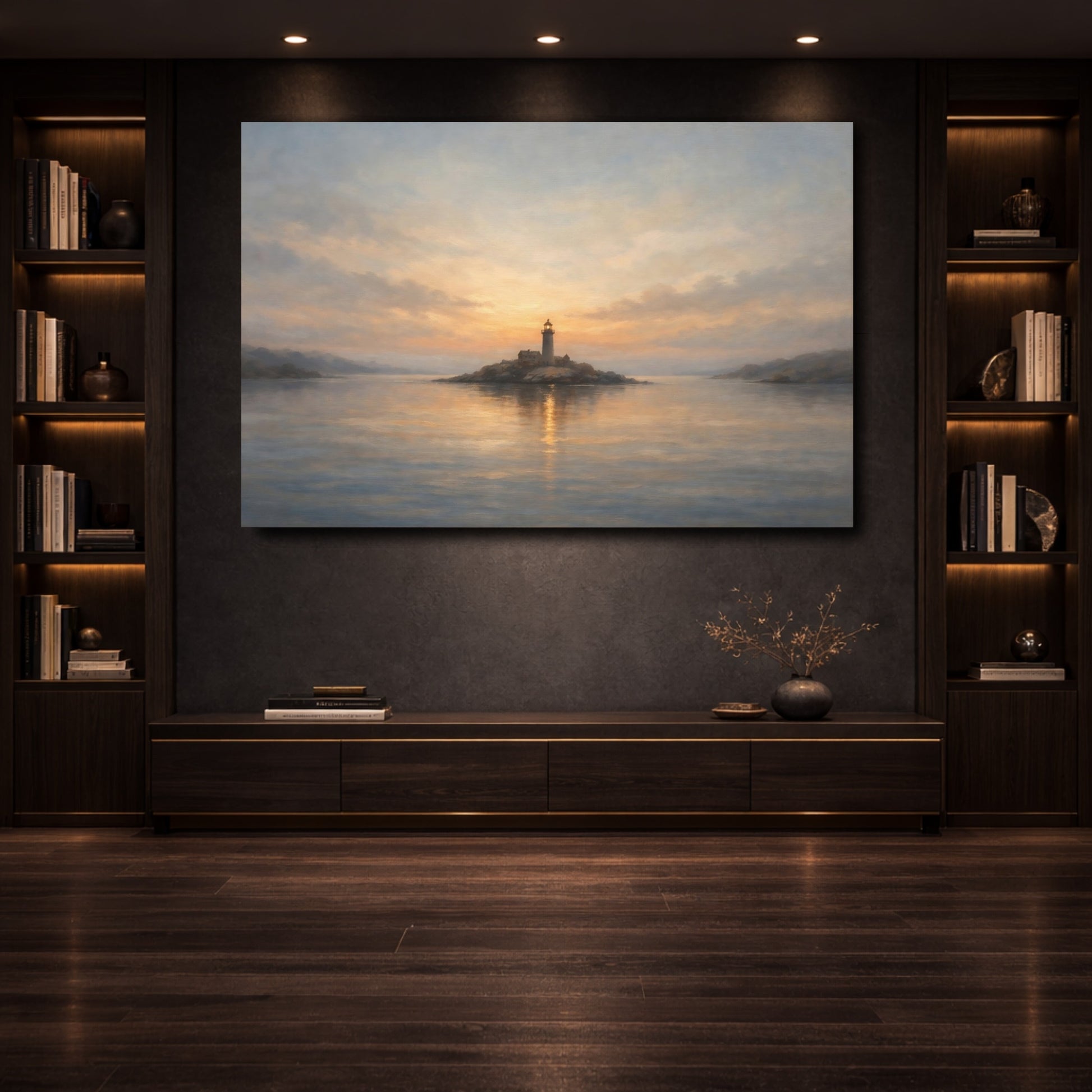 Mockup 3. Nature Lighthouse Coastal Sunset Lighthouse shown as stretched canvas wall art