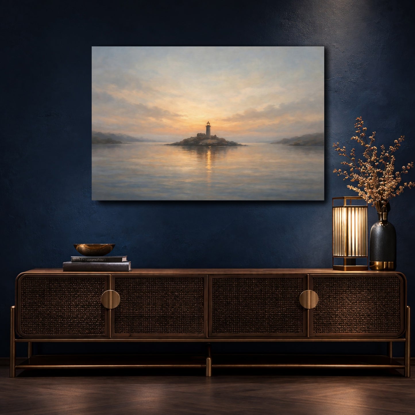 Mockup 4. Nature Lighthouse Coastal Sunset Lighthouse shown as stretched canvas wall art