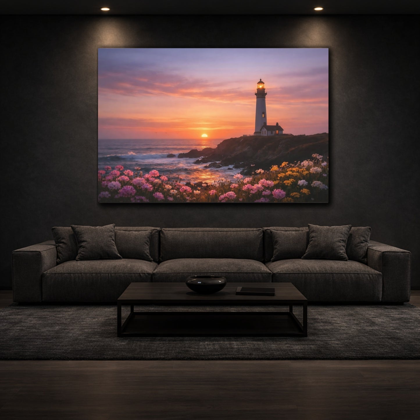 Nature Lighthouse Coastal Sunset shown as front canvas room wall art