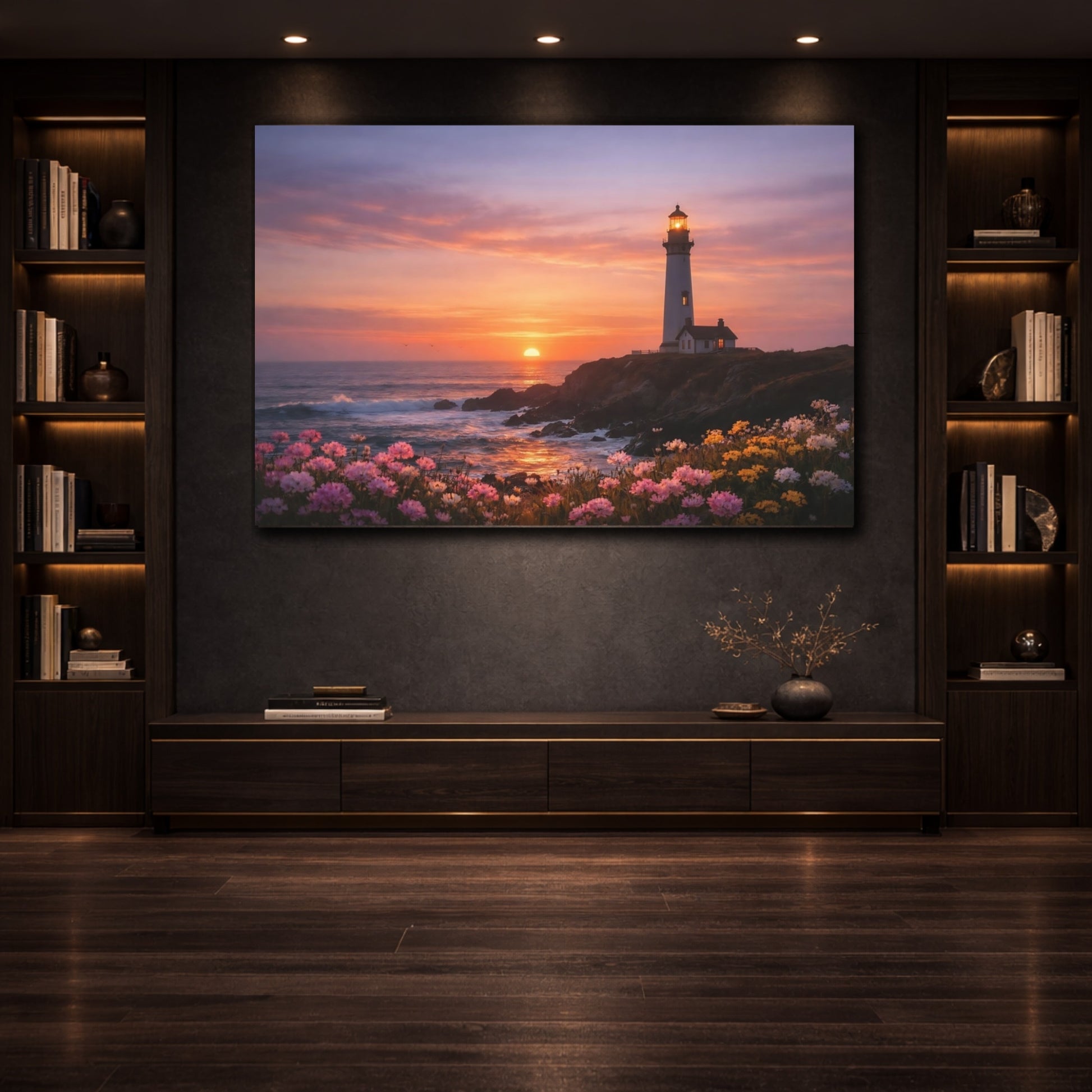Nature Lighthouse Coastal Sunset shown as front canvas room wall art