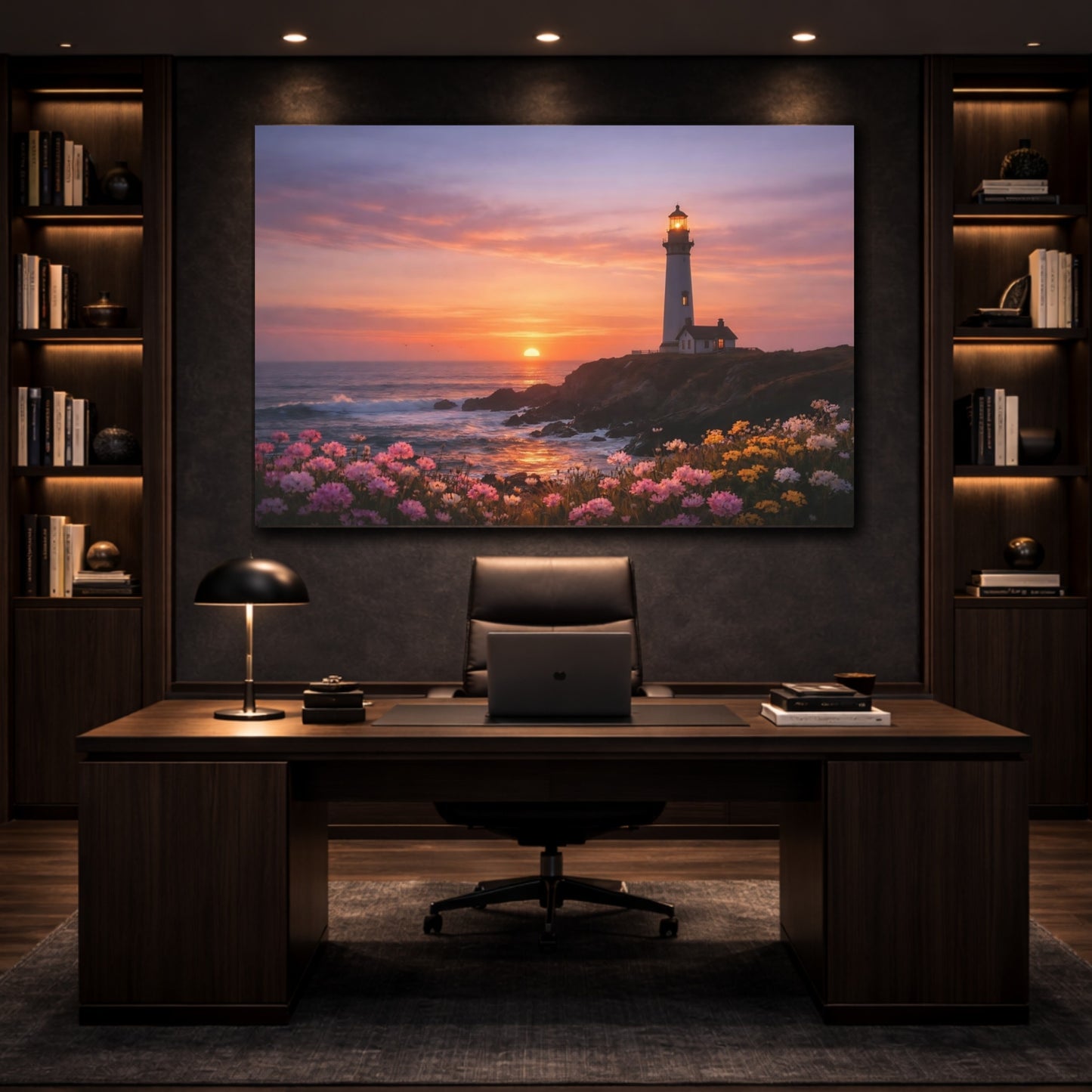 Nature Lighthouse Coastal Sunset shown as front canvas room wall art