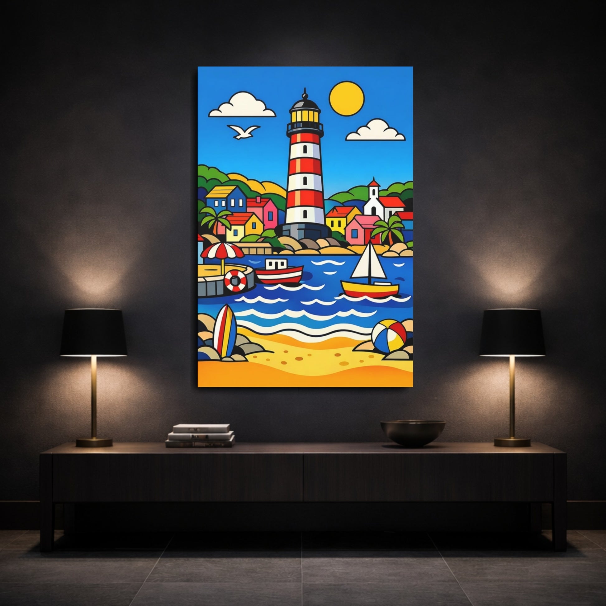 Mockup 2. Nature Lighthouse Colorful Coastal shown as stretched canvas wall art