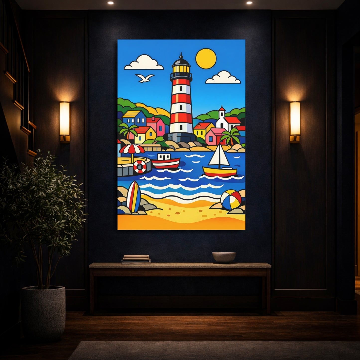 Mockup 3. Nature Lighthouse Colorful Coastal shown as stretched canvas wall art