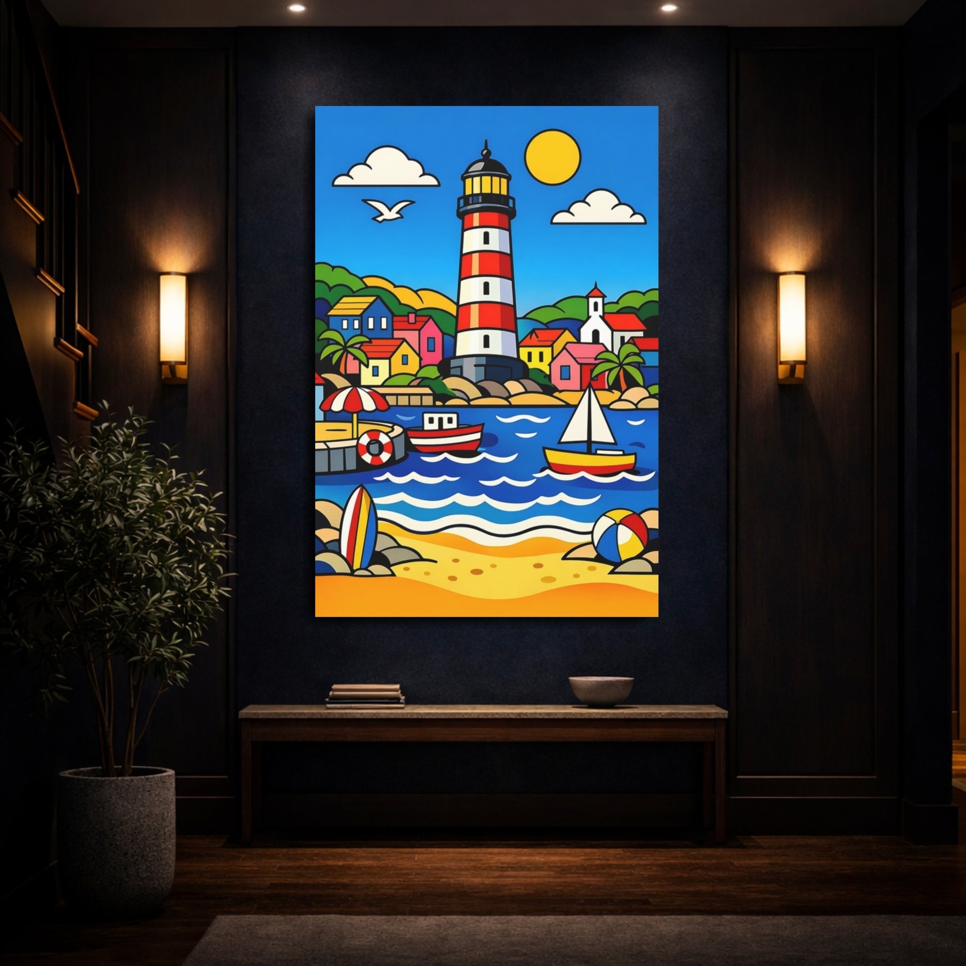 Mockup 3. Nature Lighthouse Colorful Coastal shown as stretched canvas wall art
