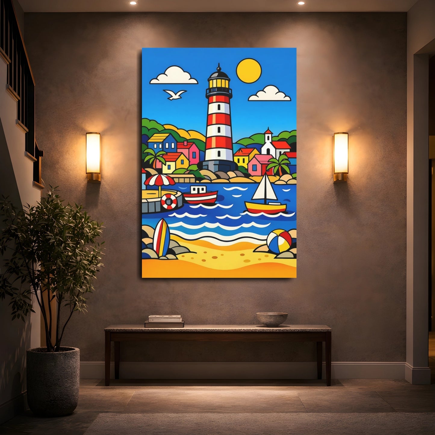 Mockup 4. Nature Lighthouse Colorful Coastal shown as stretched canvas wall art