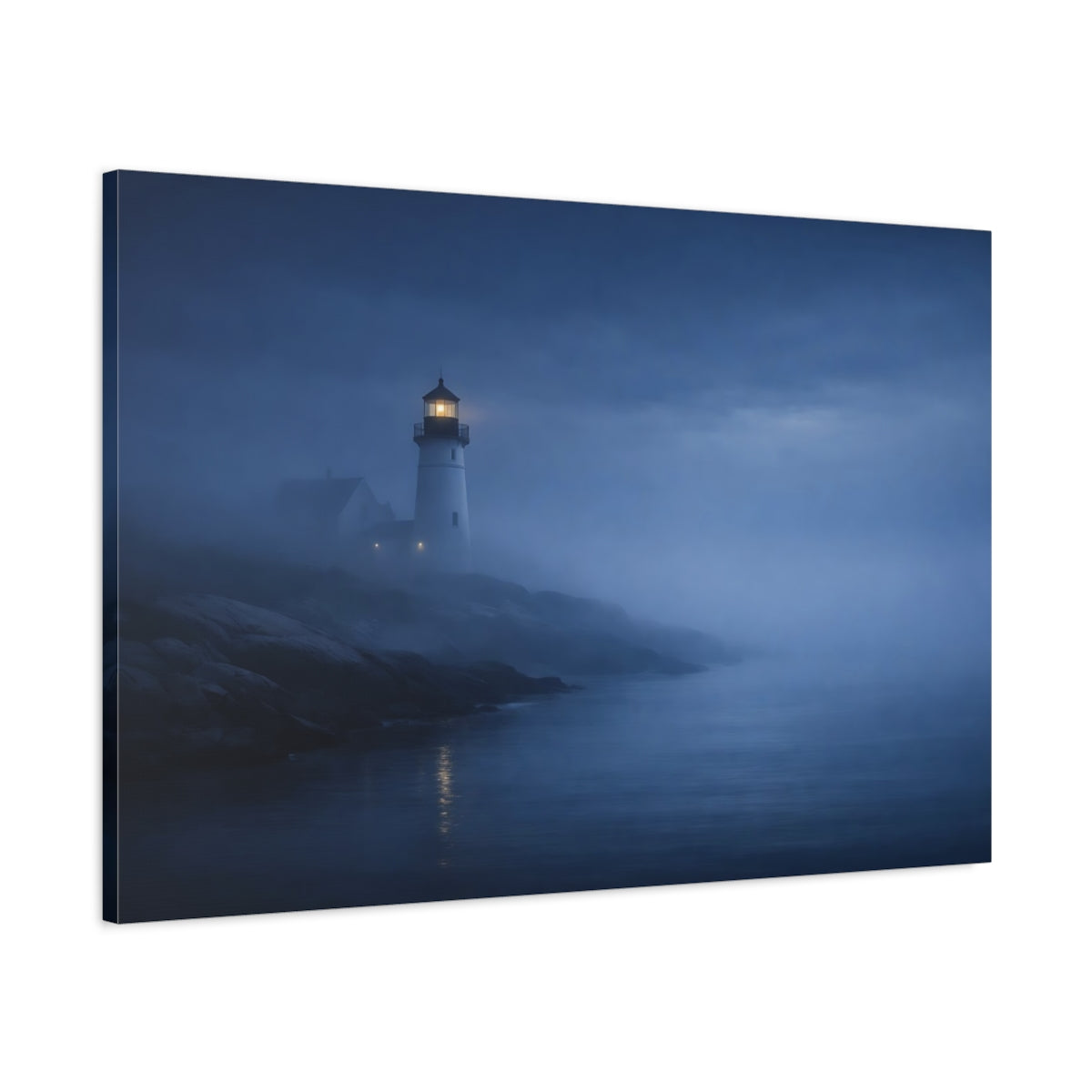Main Mockup. Nature Lighthouse Dark Blue Fog shown as stretched canvas wall art