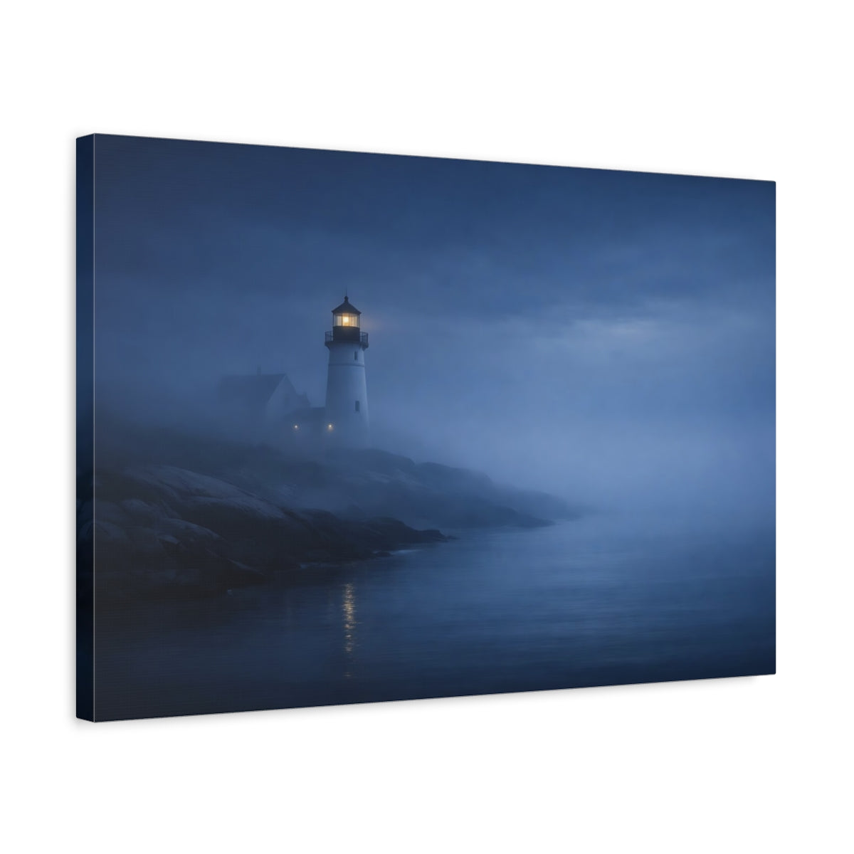 Side Mockup 3. Nature Lighthouse Dark Blue Fog shown as stretched canvas wall art