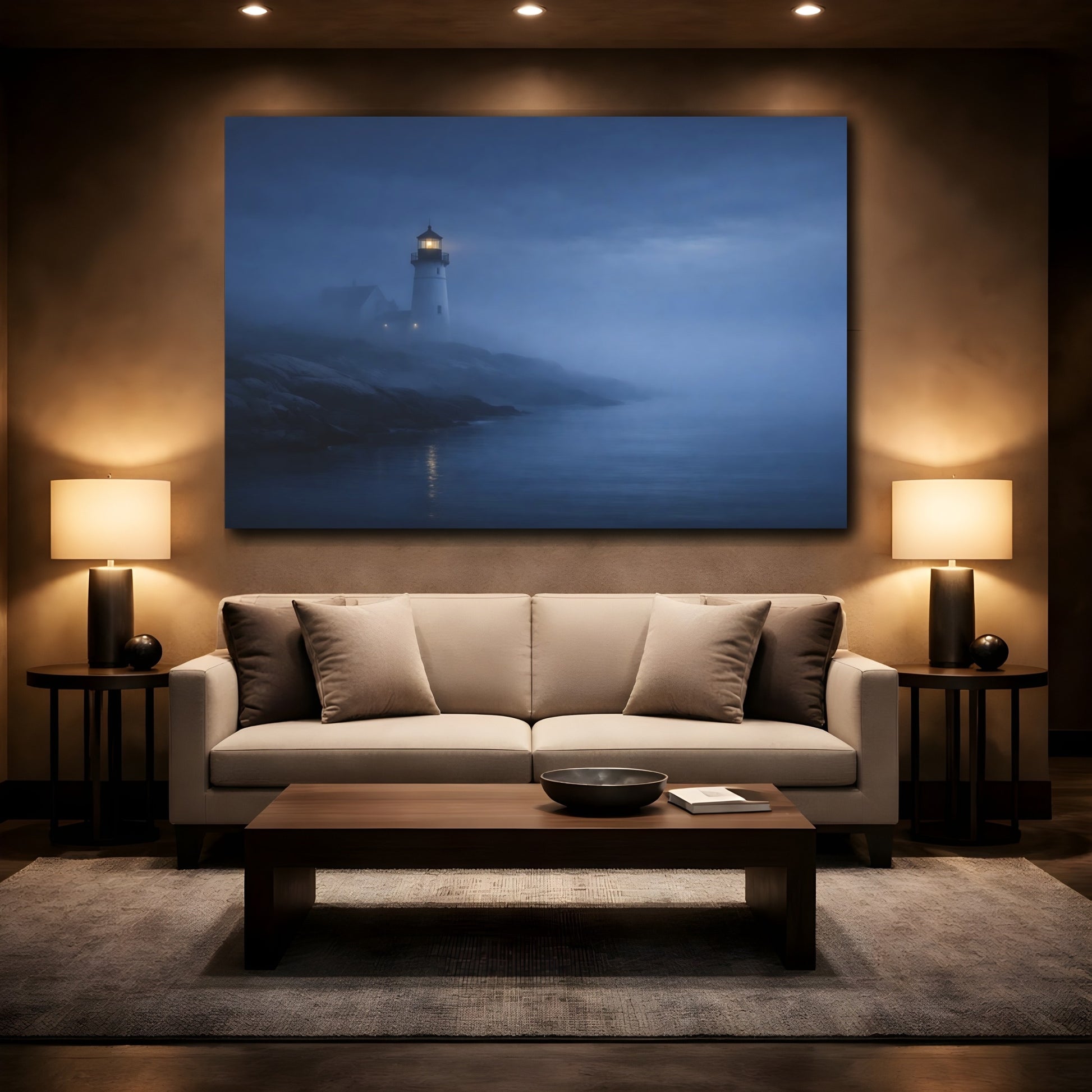 Mockup 2. Nature Lighthouse Dark Blue Fog shown as stretched canvas wall art