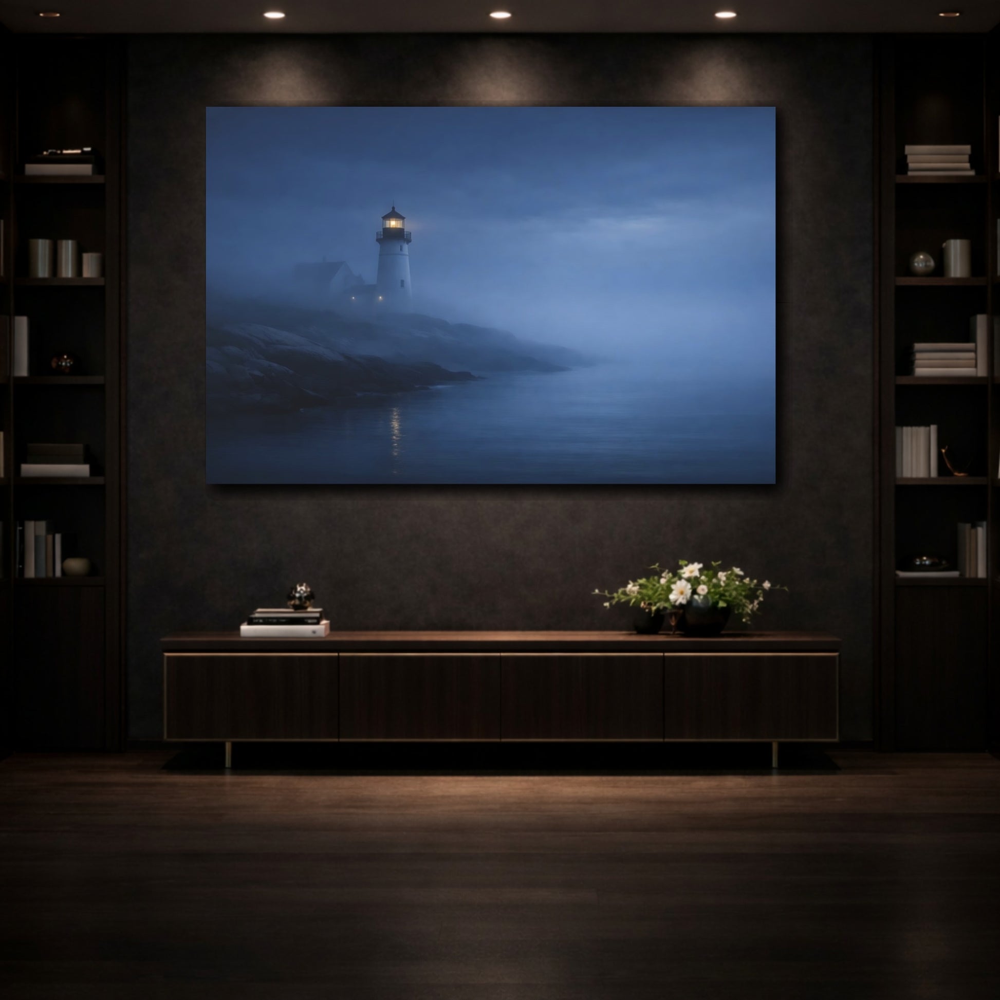 Mockup 3. Nature Lighthouse Dark Blue Fog shown as stretched canvas wall art