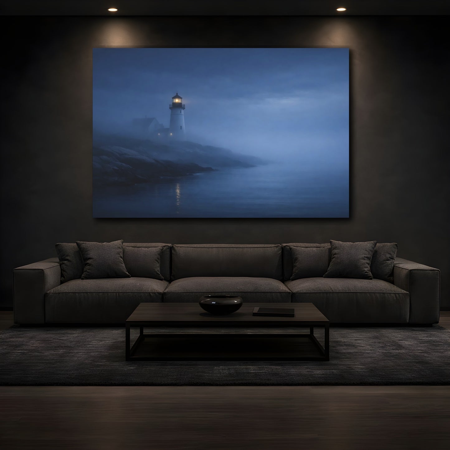 Mockup 4. Nature Lighthouse Dark Blue Fog shown as stretched canvas wall art
