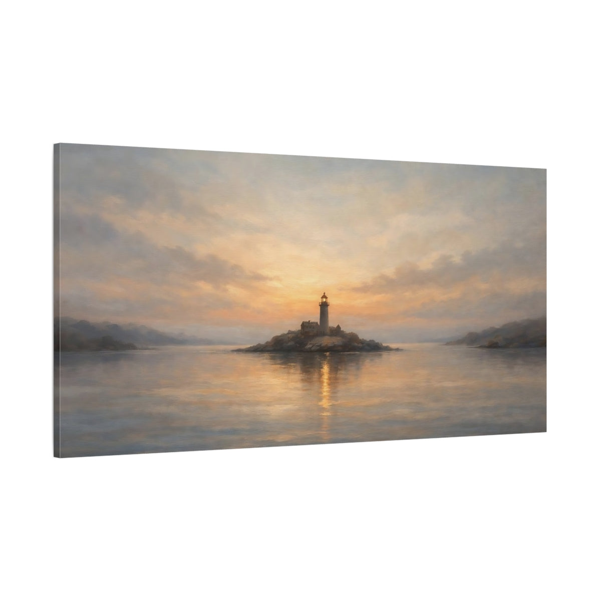 Main Mockup. Nature Lighthouse Gold And Blue shown as stretched canvas wall art