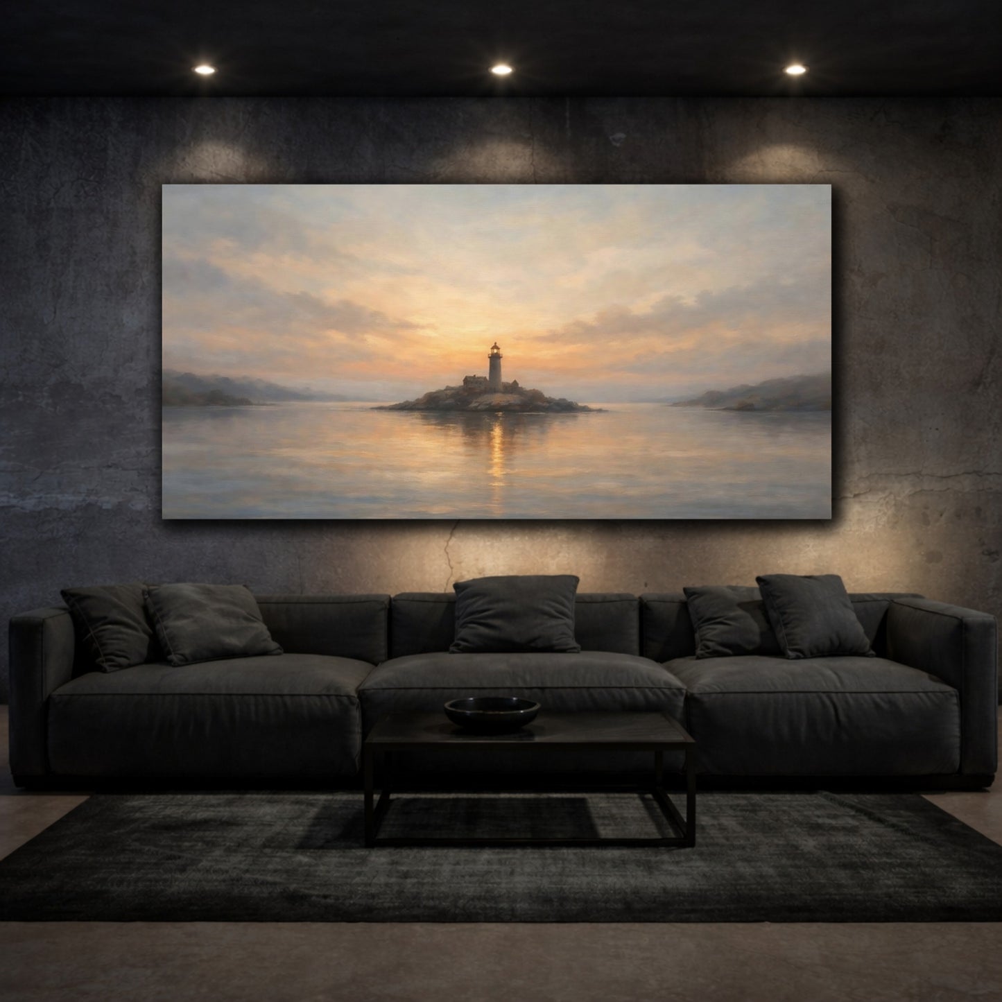 Mockup 2. Nature Lighthouse Gold And Blue shown as stretched canvas wall art