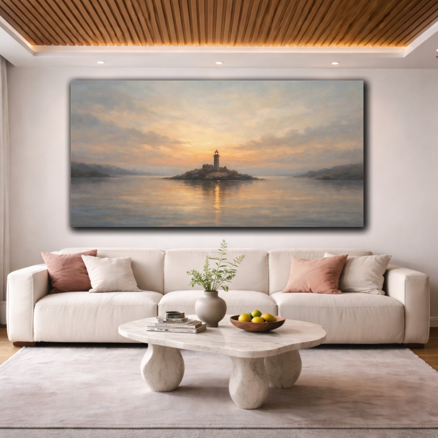 Mockup 3. Nature Lighthouse Gold And Blue shown as stretched canvas wall art