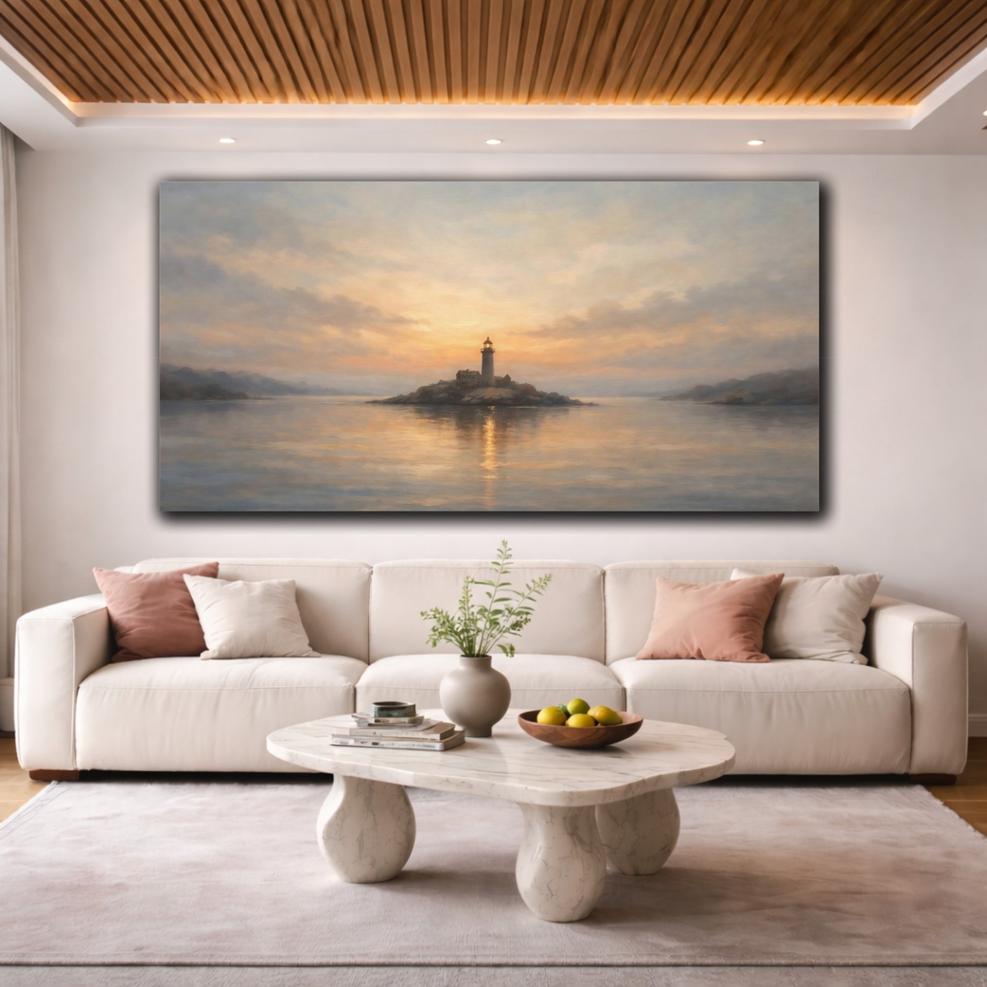 Mockup 3. Nature Lighthouse Gold And Blue shown as stretched canvas wall art