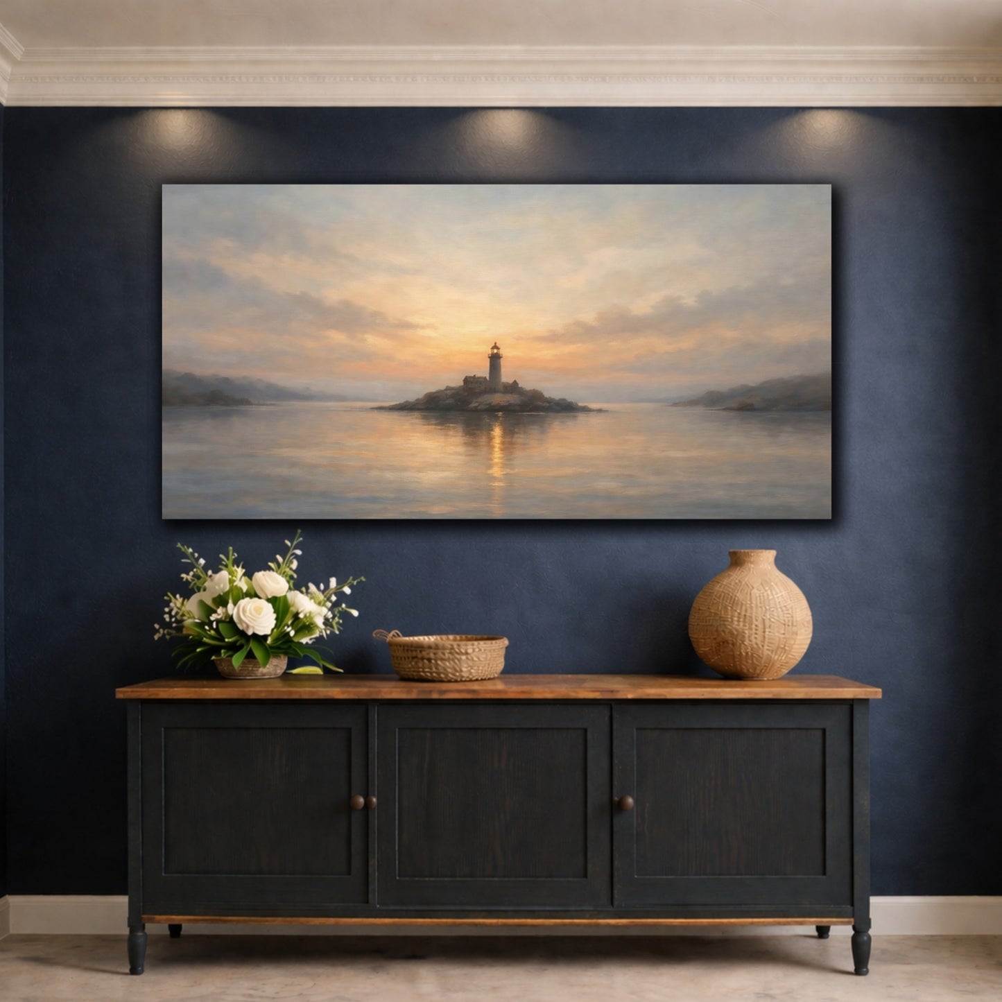 Mockup 4. Nature Lighthouse Gold And Blue shown as stretched canvas wall art