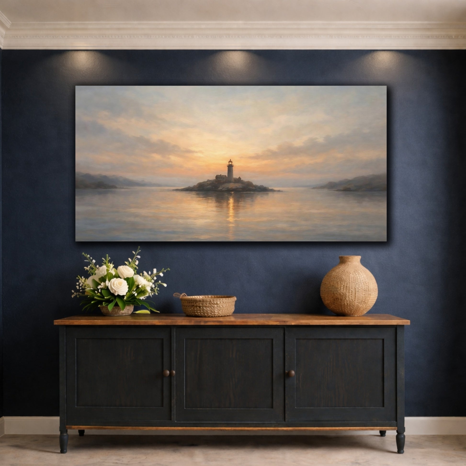 Mockup 4. Nature Lighthouse Gold And Blue shown as stretched canvas wall art