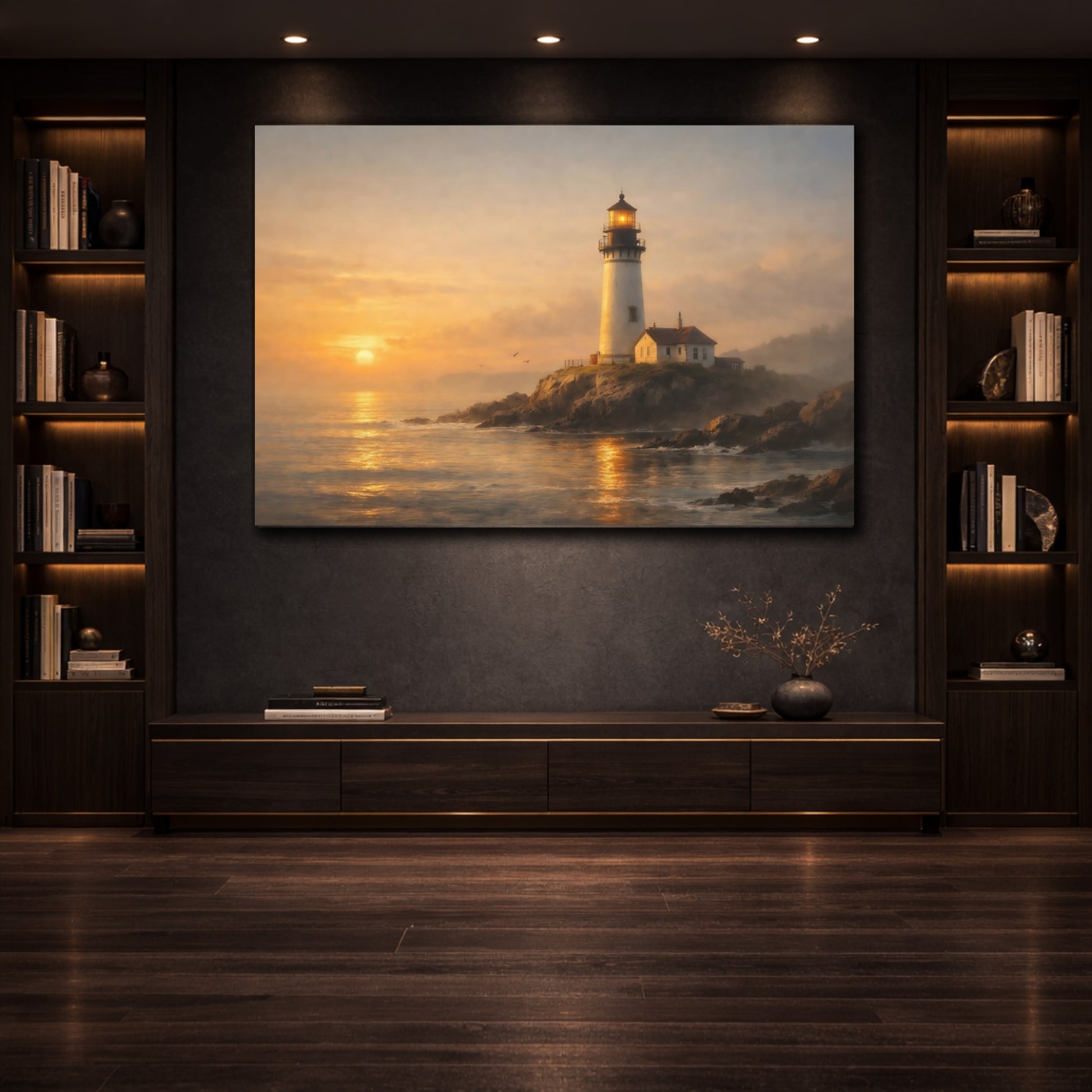 Nature Lighthouse Golden Hour Lighthouse shown as front canvas room wall art
