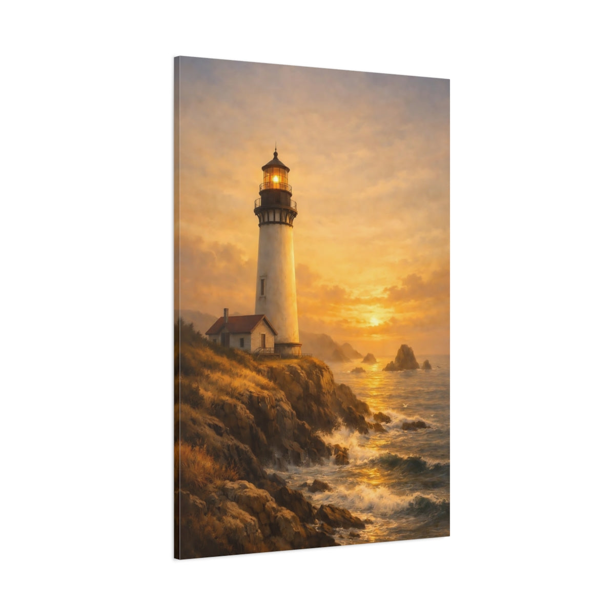 Main Mockup. Nature Lighthouse Golden Lighthouse shown as stretched canvas wall art