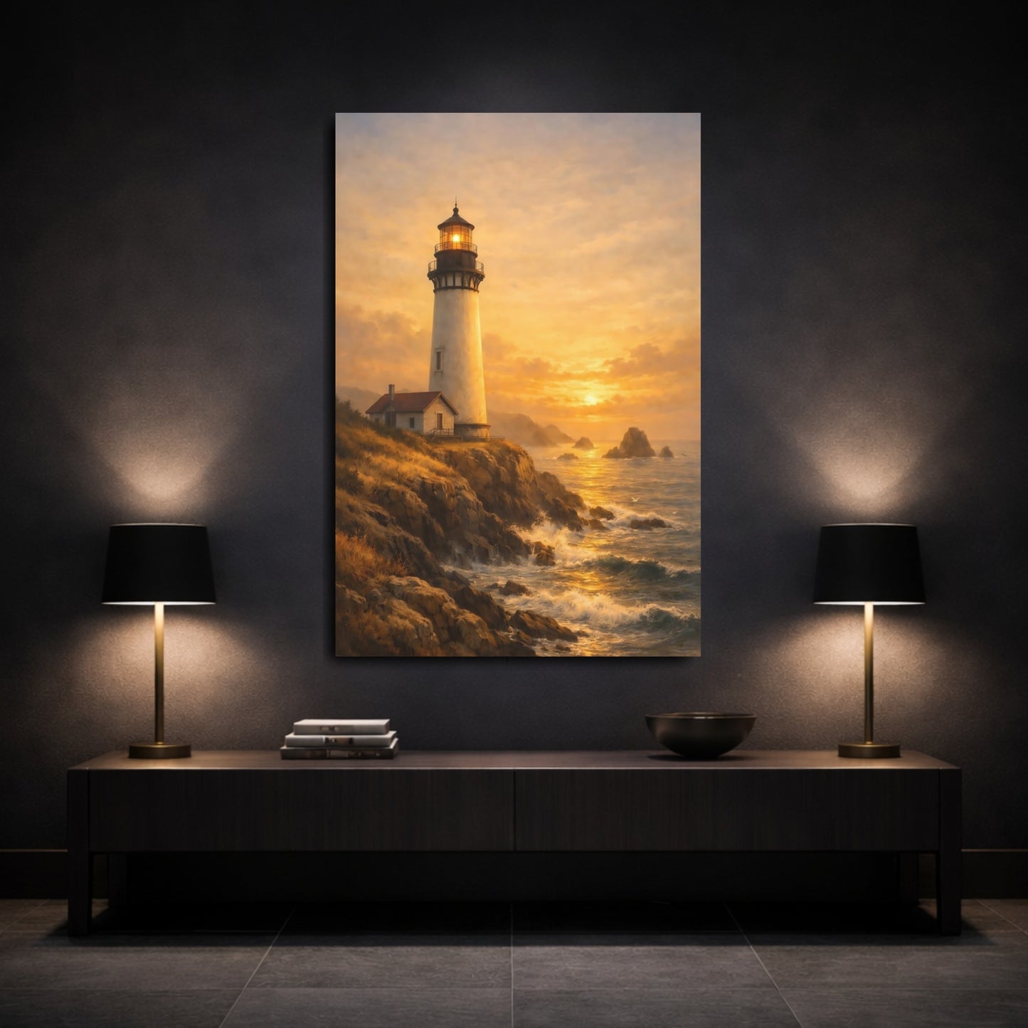 Mockup 2. Nature Lighthouse Golden Lighthouse shown as stretched canvas wall art