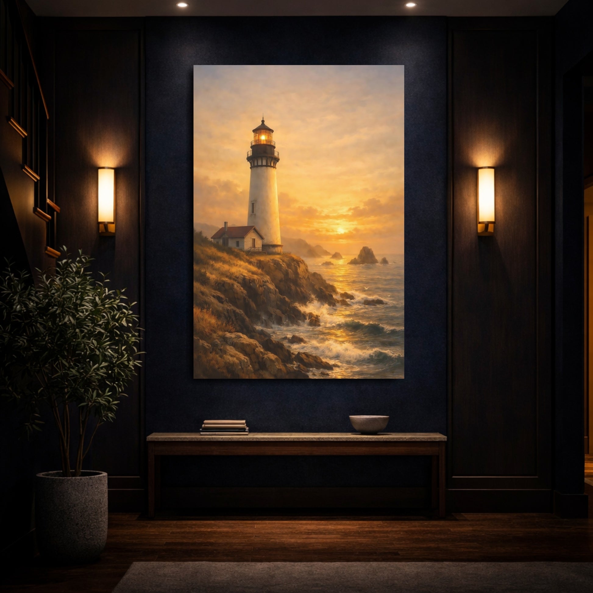 Mockup 3. Nature Lighthouse Golden Lighthouse shown as stretched canvas wall art
