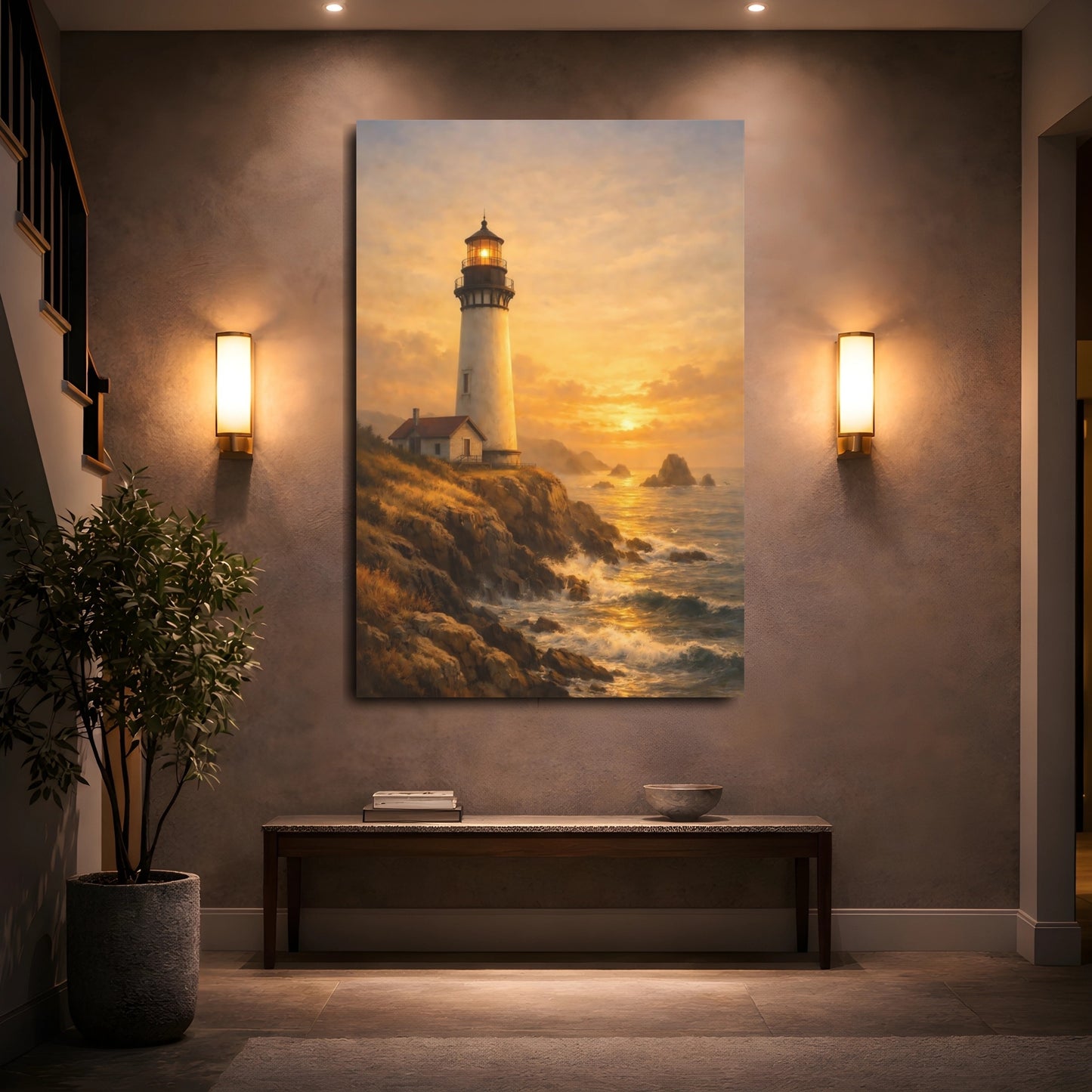 Mockup 4. Nature Lighthouse Golden Lighthouse shown as stretched canvas wall art