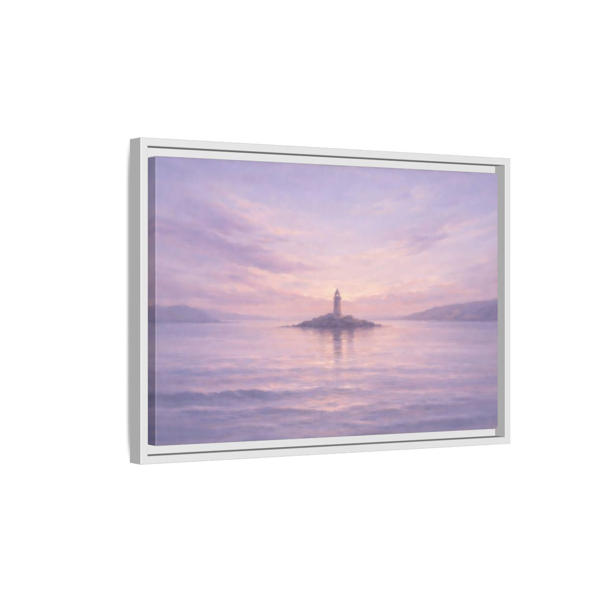 Side Mockup 1. Nature Lighthouse Lavender Lighthouse shown as stretched canvas wall art