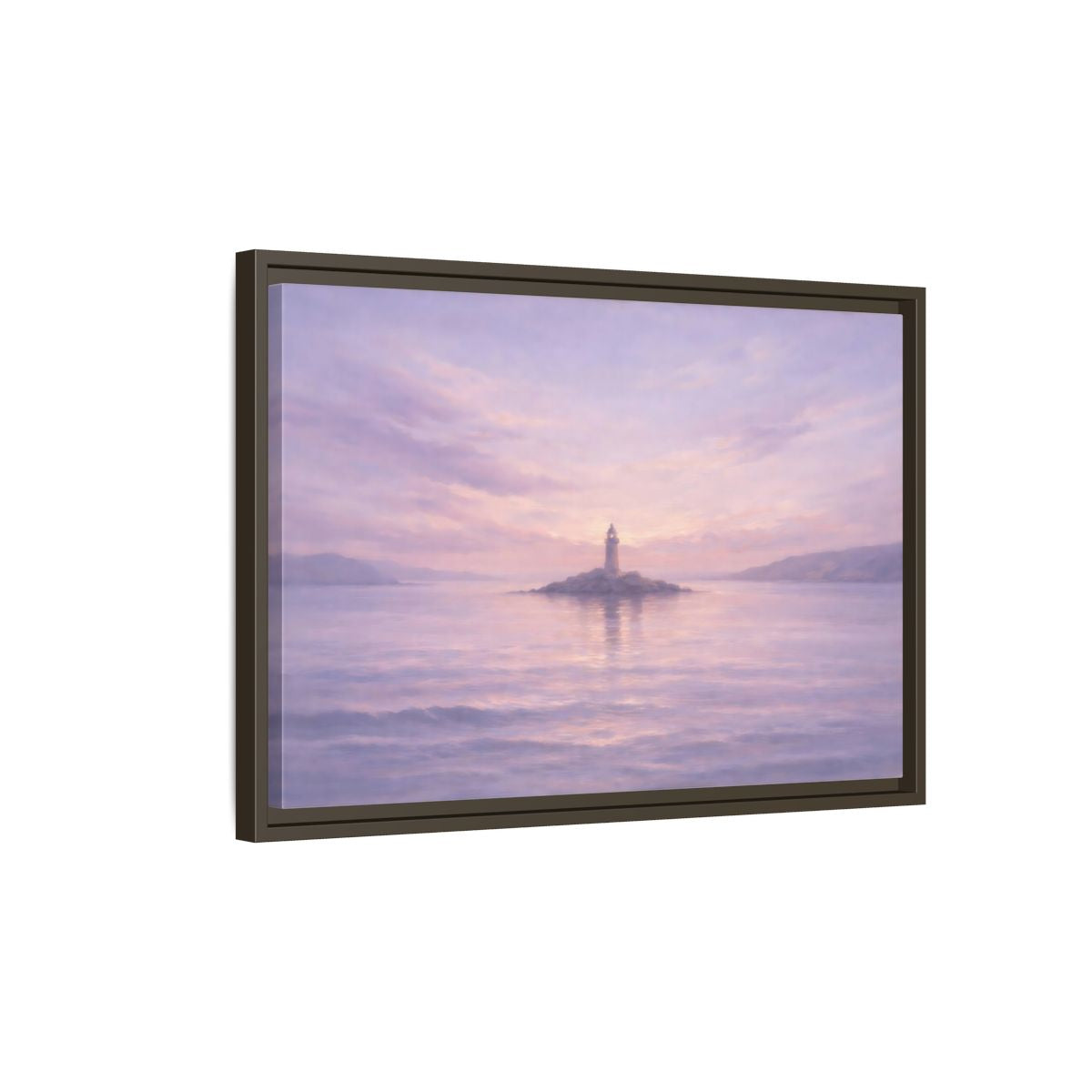 Side Mockup 2. Nature Lighthouse Lavender Lighthouse shown as stretched canvas wall art