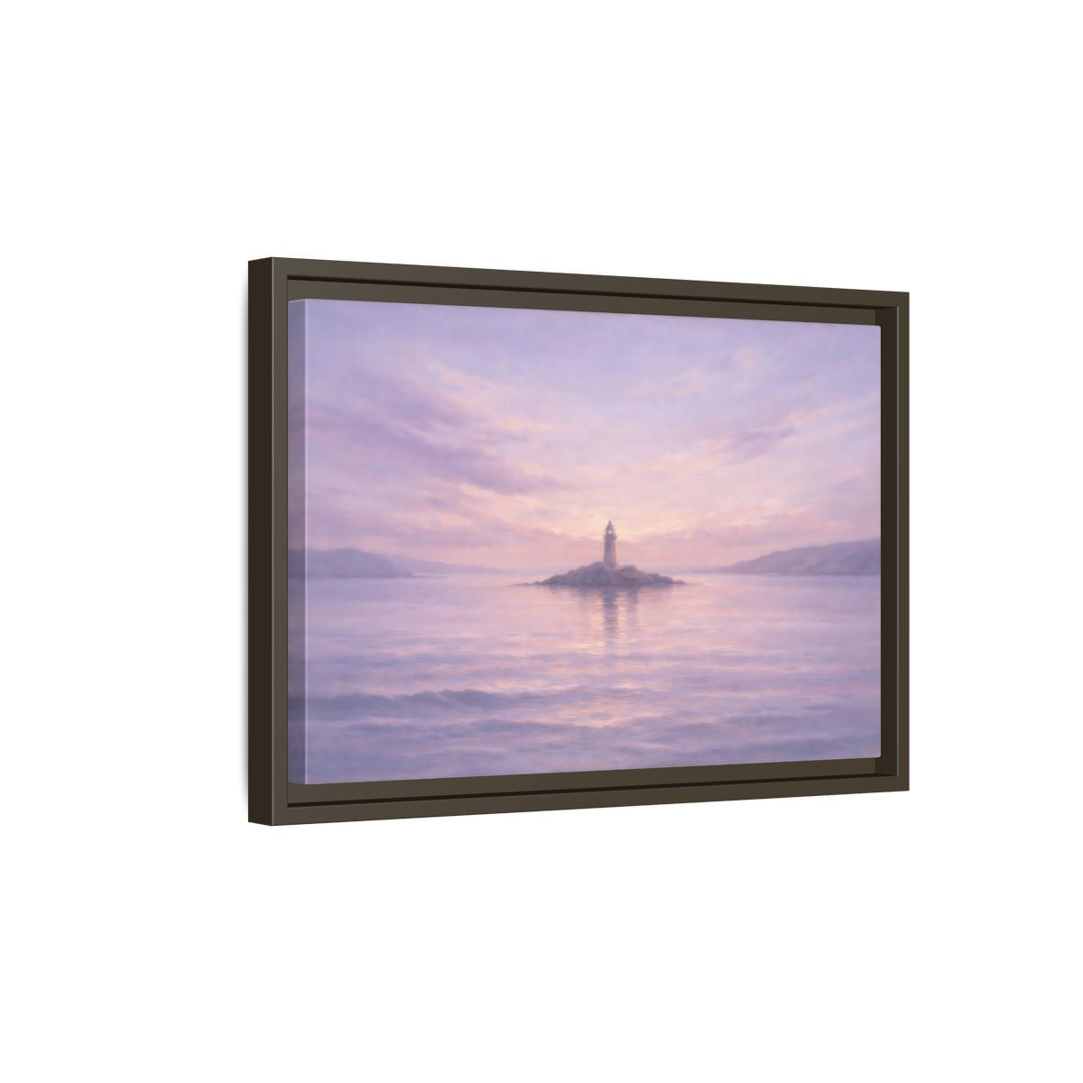 Side Mockup 5. Nature Lighthouse Lavender Lighthouse shown as stretched canvas wall art
