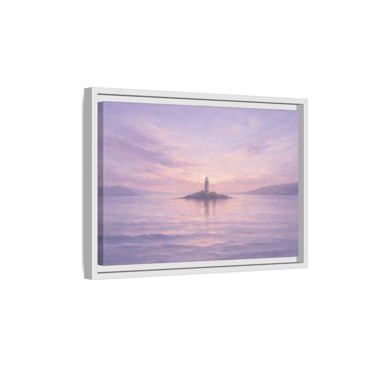 Side Mockup 4. Nature Lighthouse Lavender Lighthouse shown as stretched canvas wall art