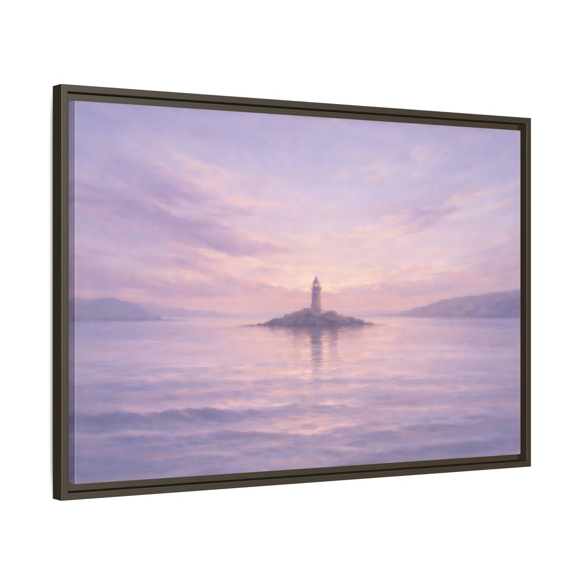 Side Mockup 9. Nature Lighthouse Lavender Lighthouse shown as stretched canvas wall art