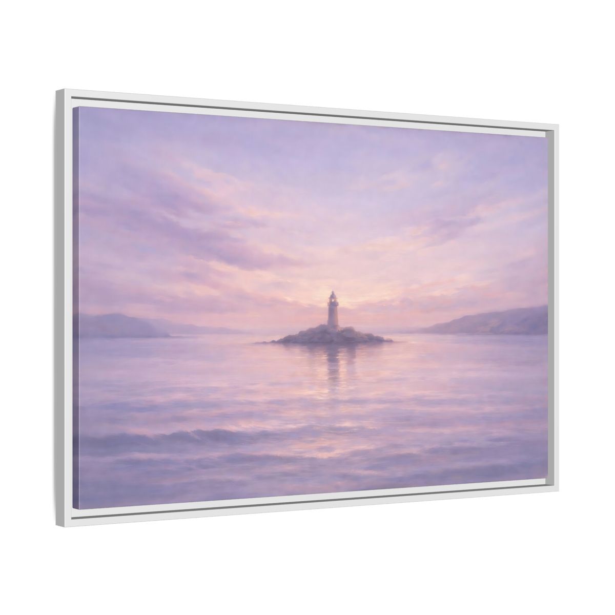 Side Mockup 8. Nature Lighthouse Lavender Lighthouse shown as stretched canvas wall art