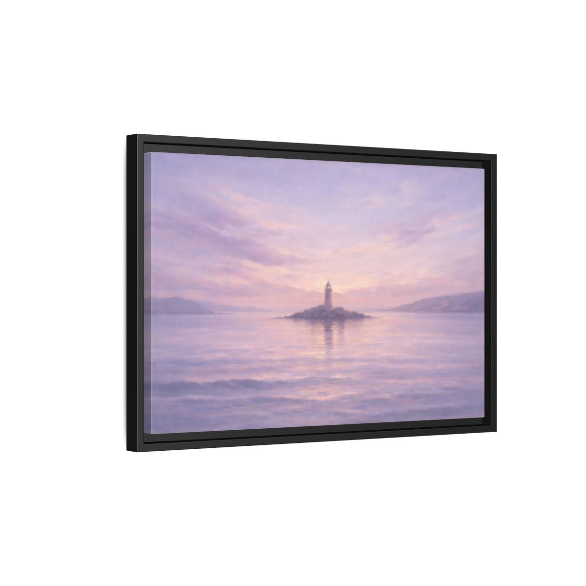 Side Mockup 3. Nature Lighthouse Lavender Lighthouse shown as stretched canvas wall art