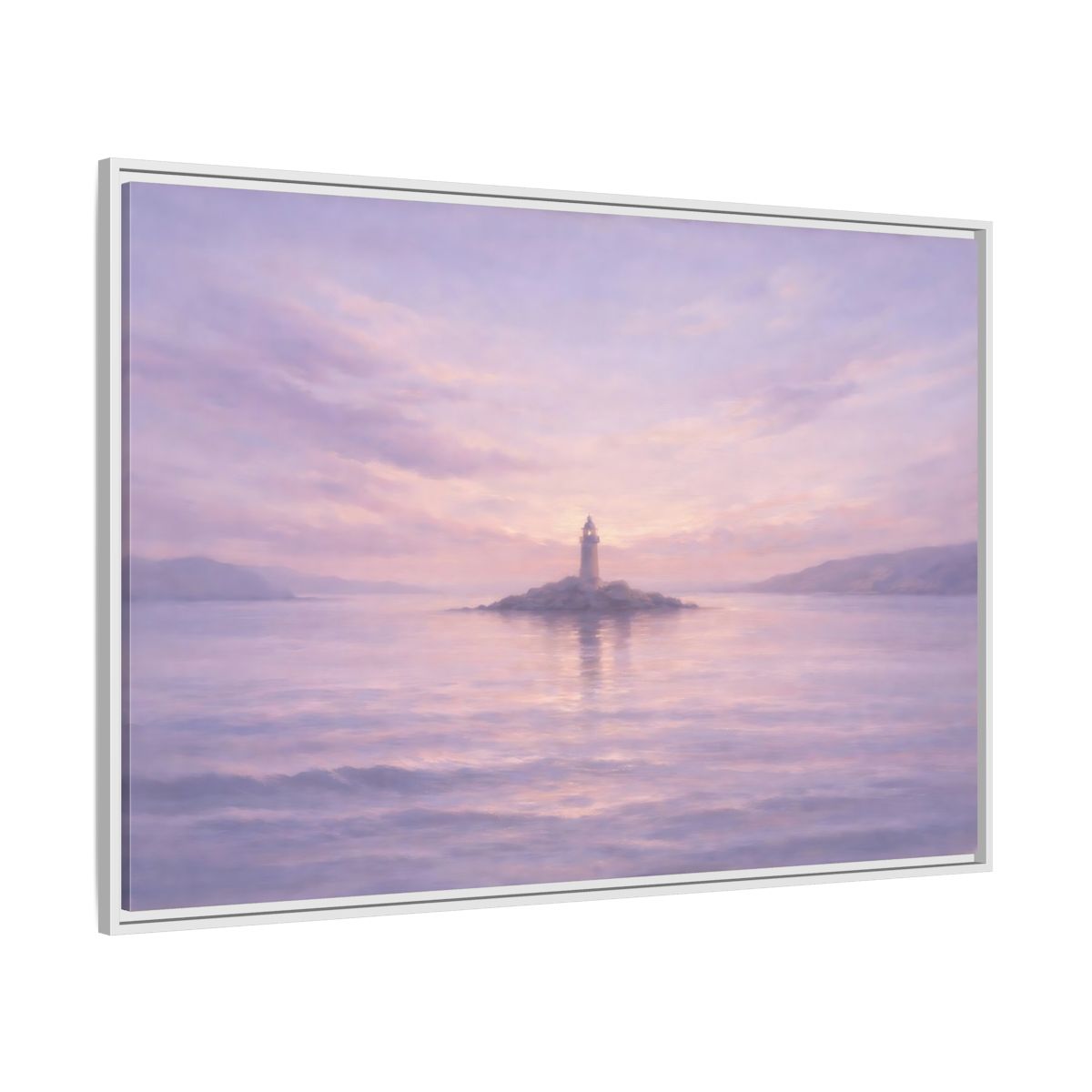 Side Mockup 7. Nature Lighthouse Lavender Lighthouse shown as stretched canvas wall art