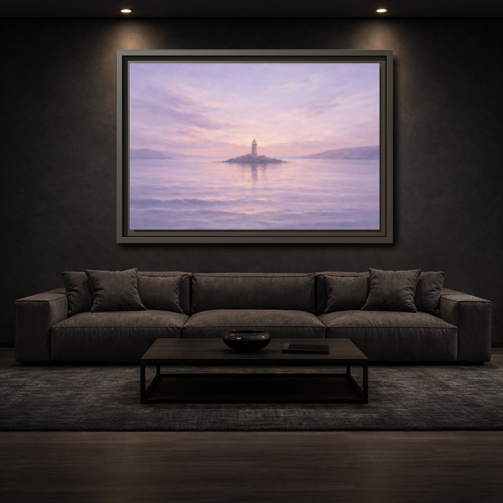 Mockup 2. Nature Lighthouse Lavender Lighthouse shown as stretched canvas wall art