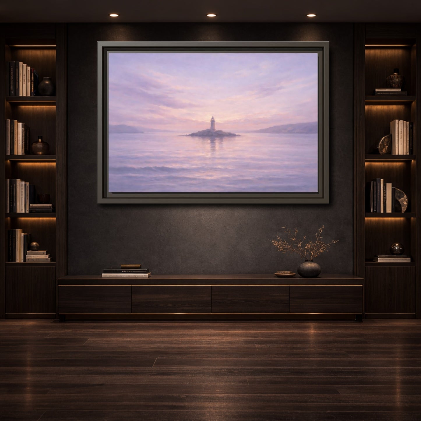 Mockup 3. Nature Lighthouse Lavender Lighthouse shown as stretched canvas wall art