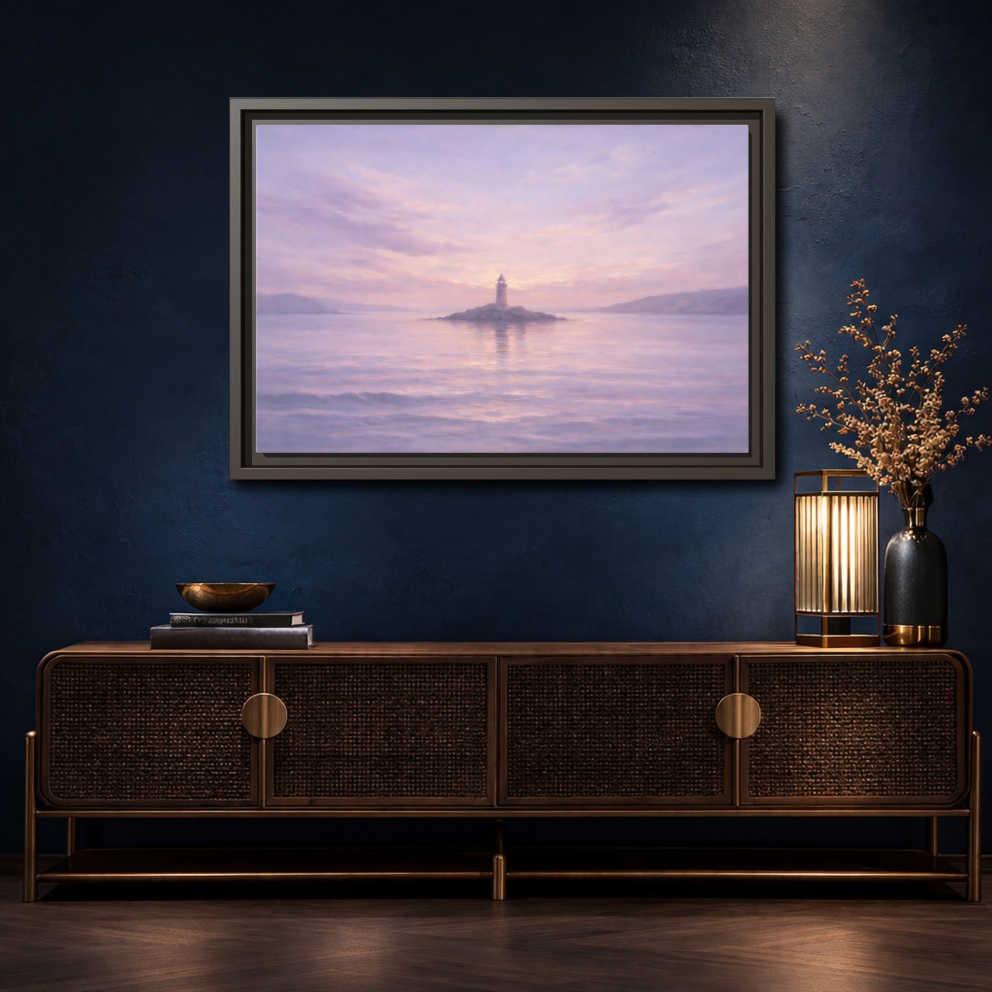 Mockup 4. Nature Lighthouse Lavender Lighthouse shown as stretched canvas wall art