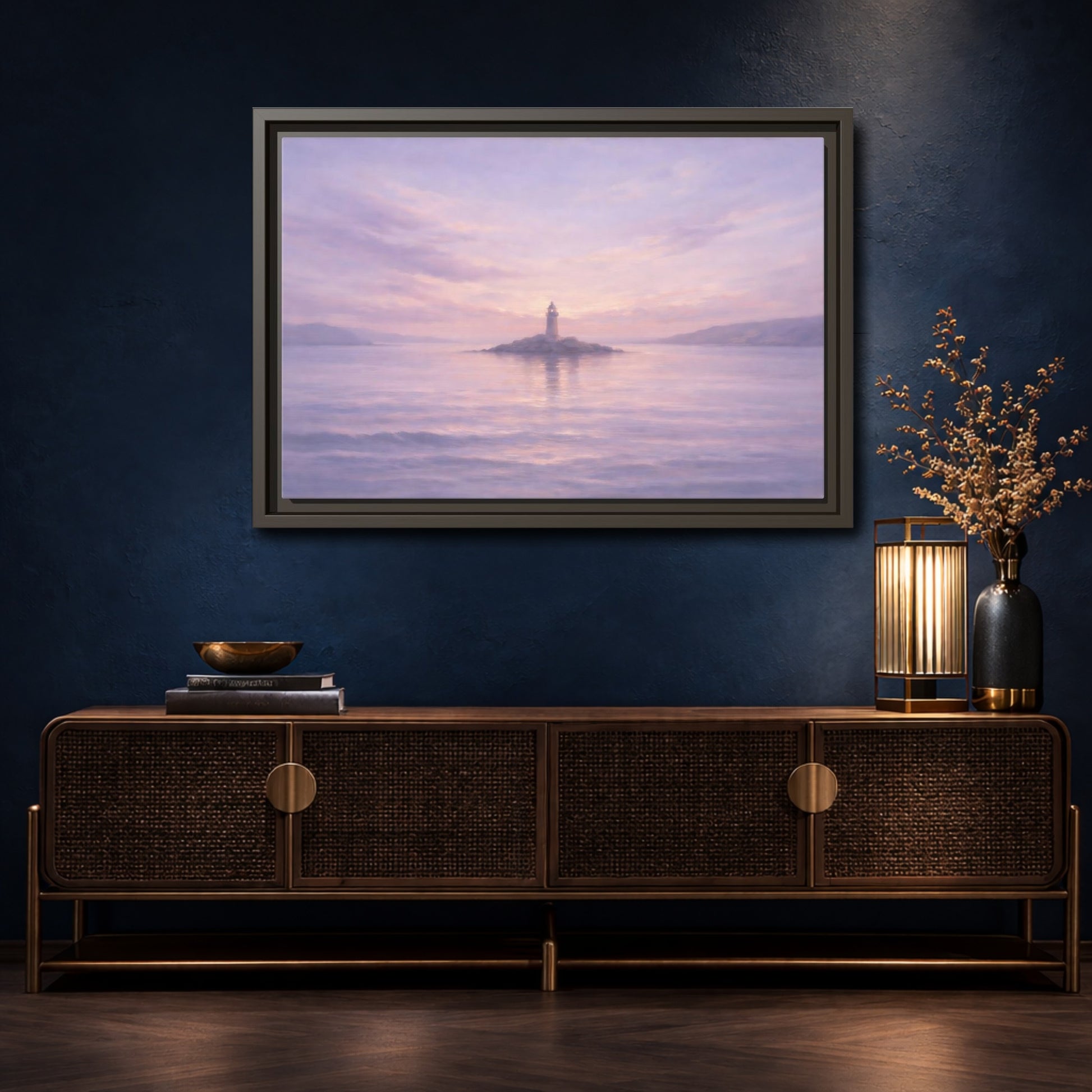 Mockup 4. Nature Lighthouse Lavender Lighthouse shown as stretched canvas wall art
