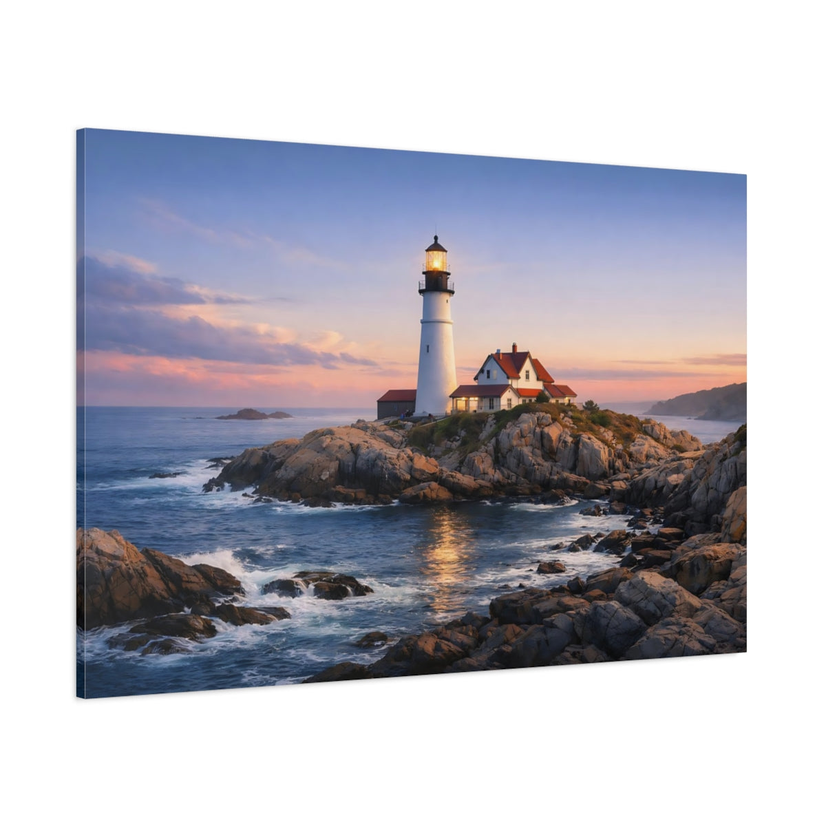 Main Mockup. Nature Lighthouse Lighthouse Coastal Sunset shown as stretched canvas wall art