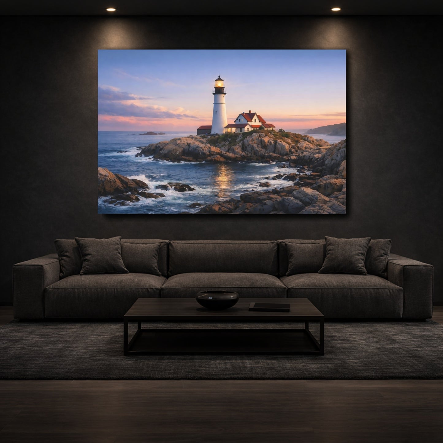 Mockup 2. Nature Lighthouse Lighthouse Coastal Sunset shown as stretched canvas wall art