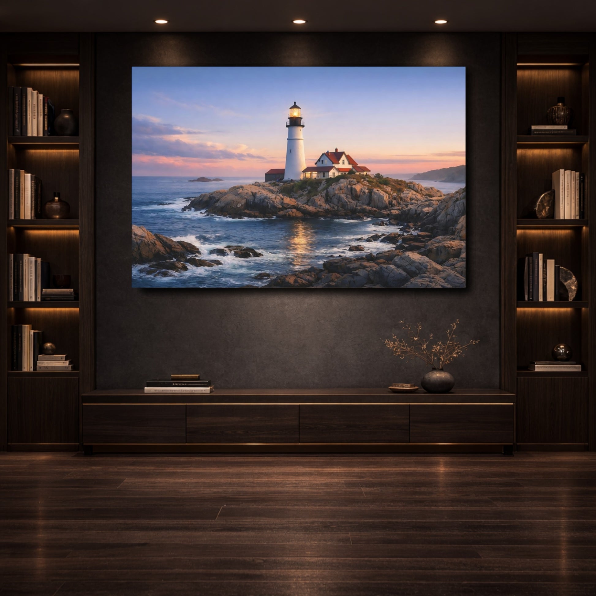 Mockup 3. Nature Lighthouse Lighthouse Coastal Sunset shown as stretched canvas wall art