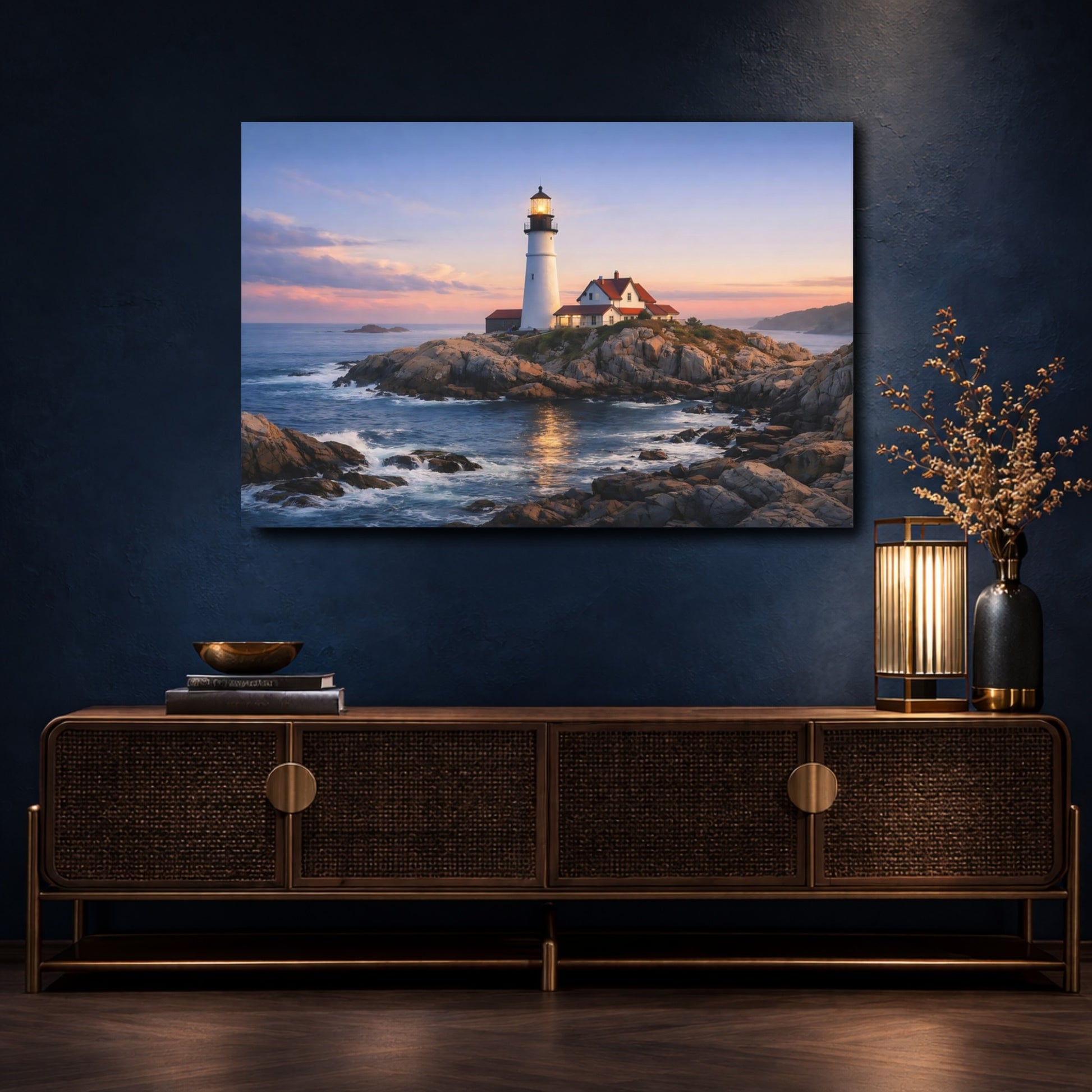 Mockup 4. Nature Lighthouse Lighthouse Coastal Sunset shown as stretched canvas wall art