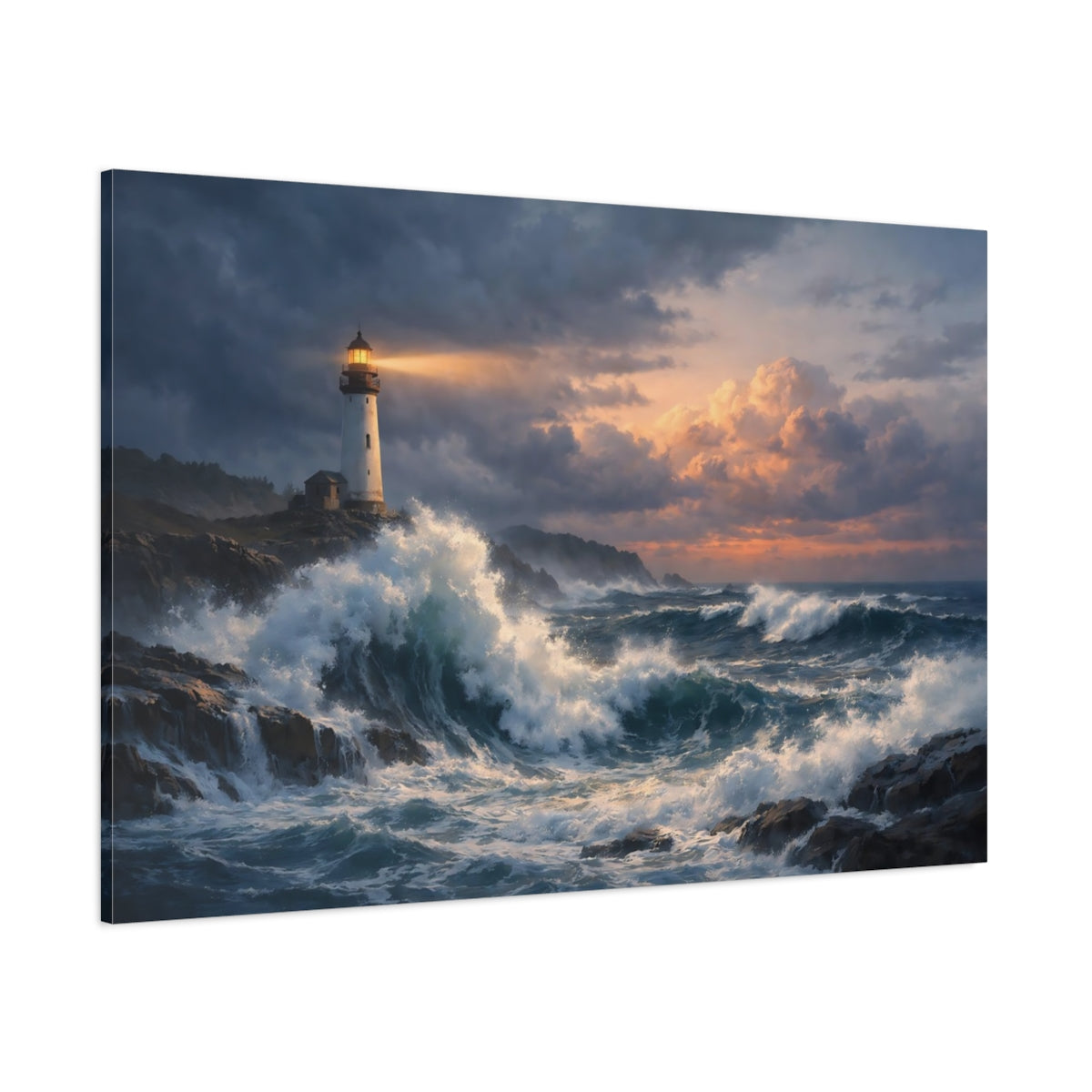 Main Mockup. Nature Lighthouse Lighthouse Seascape shown as stretched canvas wall art