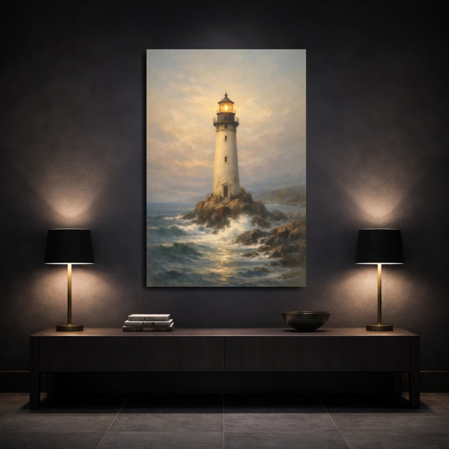 Mockup 2. Nature Lighthouse Lighthouse Seascape shown as stretched canvas wall art