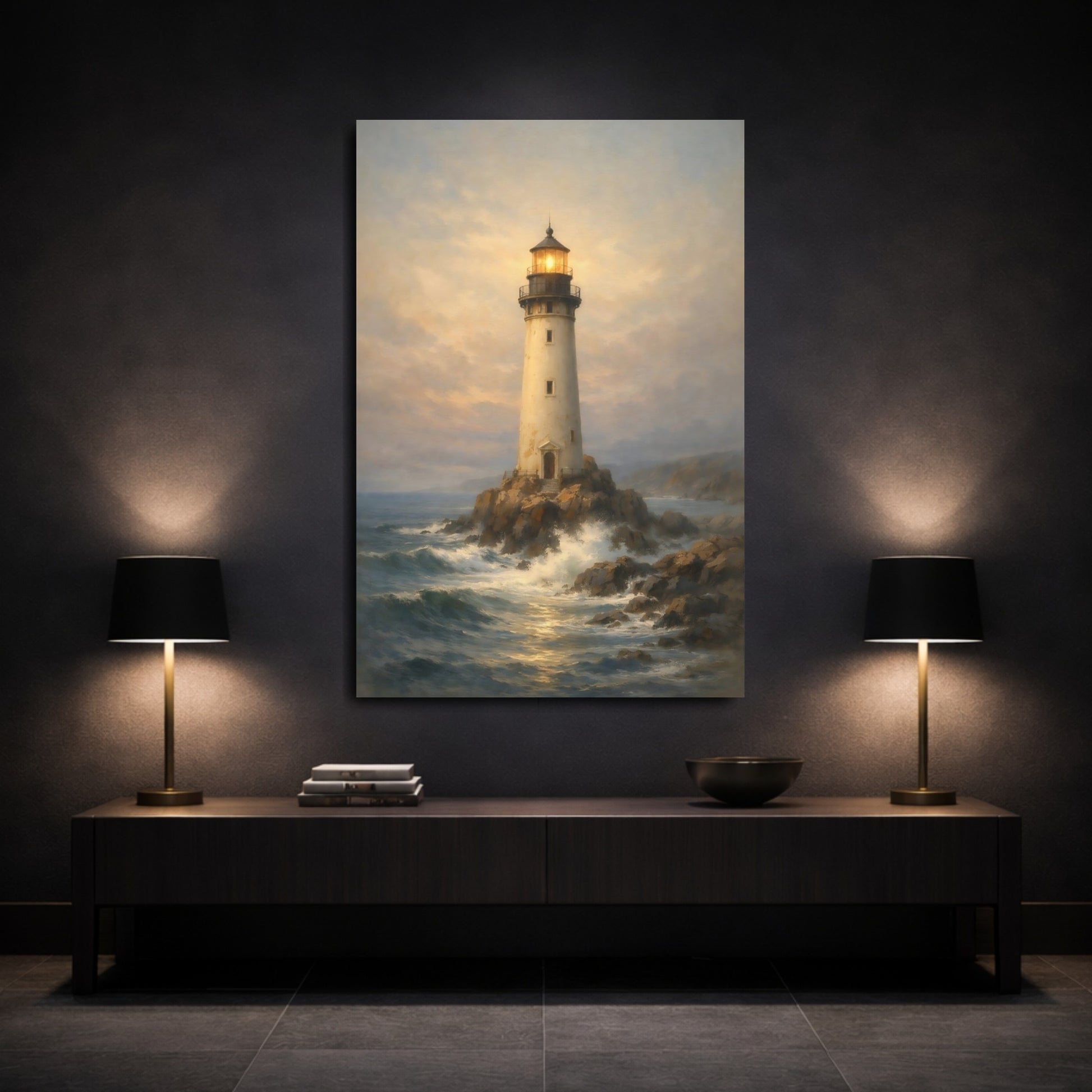Mockup 2. Nature Lighthouse Lighthouse Seascape shown as stretched canvas wall art