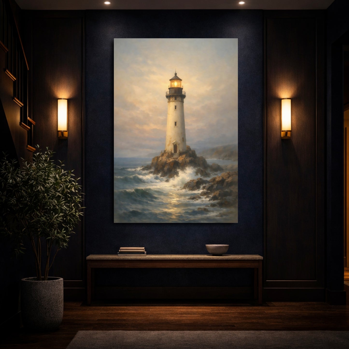 Mockup 3. Nature Lighthouse Lighthouse Seascape shown as stretched canvas wall art